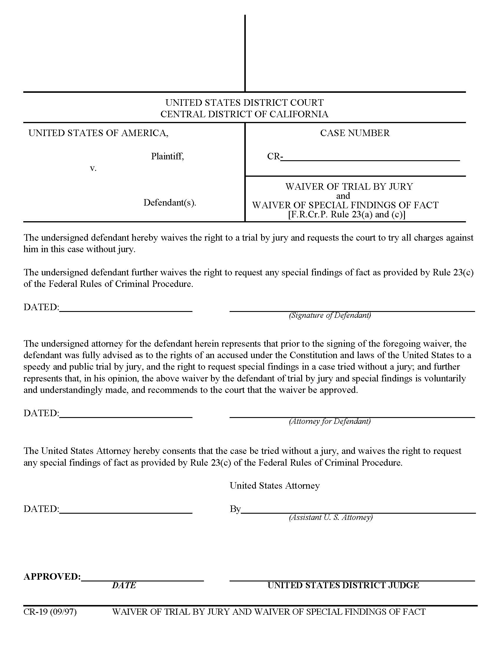 Waiver Of Trial By Jury And Waiver Of Special Findings Of Fact {CR-19} | Pdf Fpdf Doc Docx | California