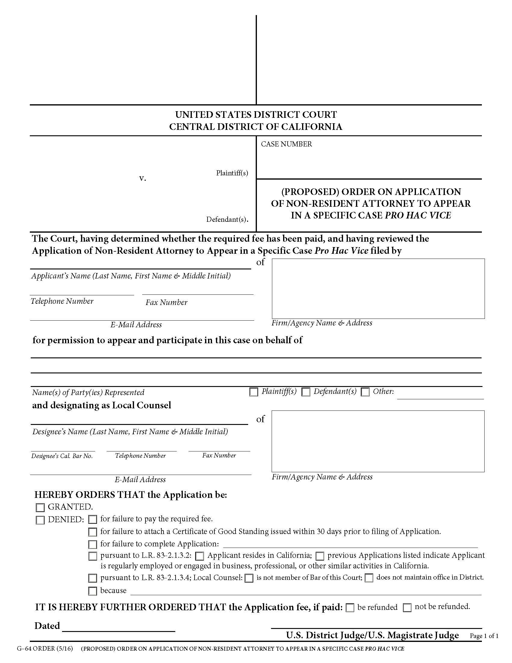 (Proposed) Order On Application Of Non-Resident Attorney To Appear (E-Filing Attachment) {G-64} | Pdf Fpdf Doc Docx | California