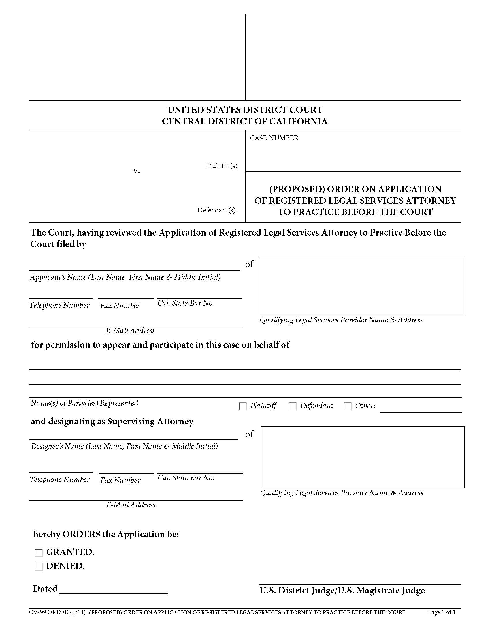 (Proposed) Order On Application Of Registered Legal Services Attorney To Practice (E-Filing Attachment) {CV-99} | Pdf Fpdf Docx | California