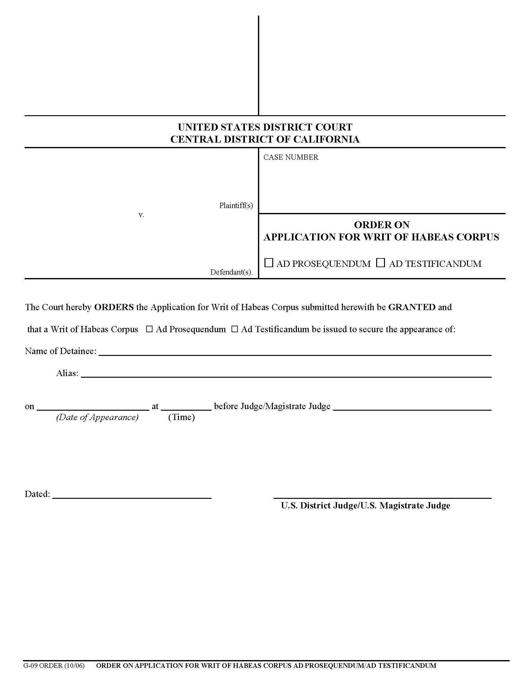 Order On Application For Writ Of Habeas Corpus (E-Filing Attachment) {G-09} | Pdf Fpdf Doc Docx | California
