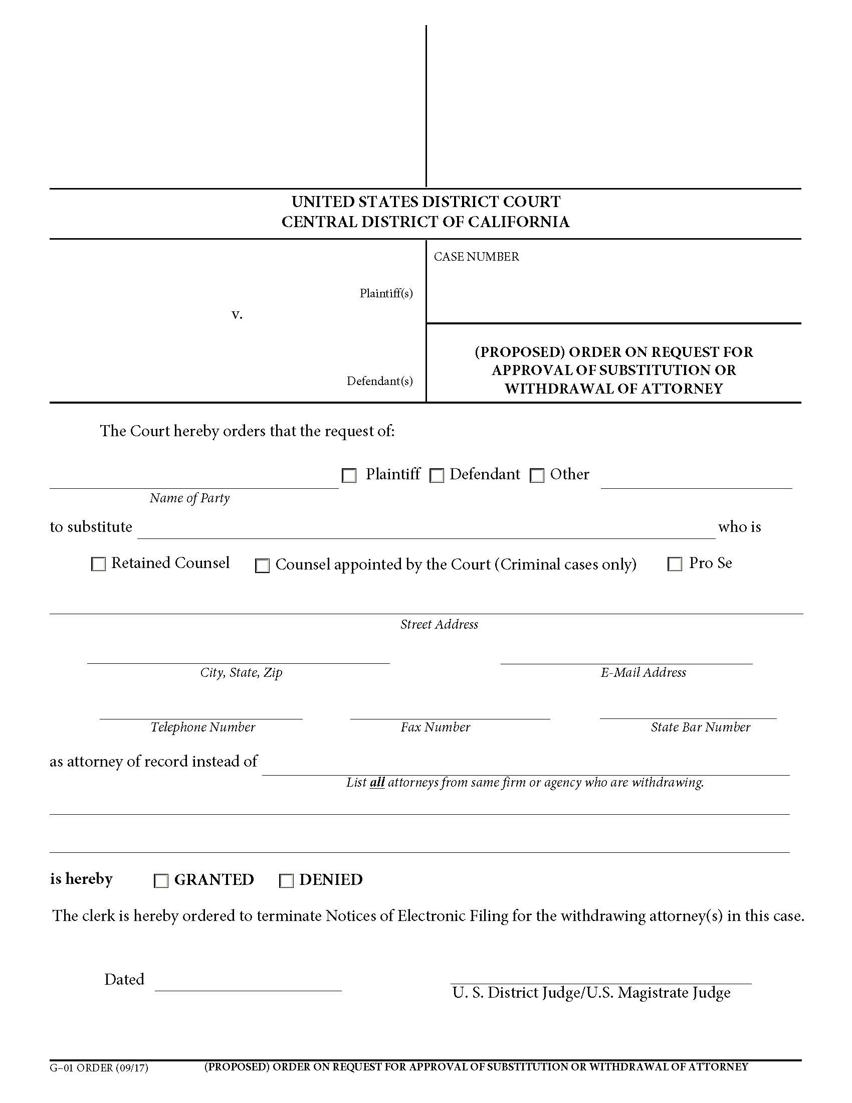 Order On Request For Approval Of Substitution Of Attorney (E-Filing Attachment) {G-01} | Pdf Fpdf Docx | California