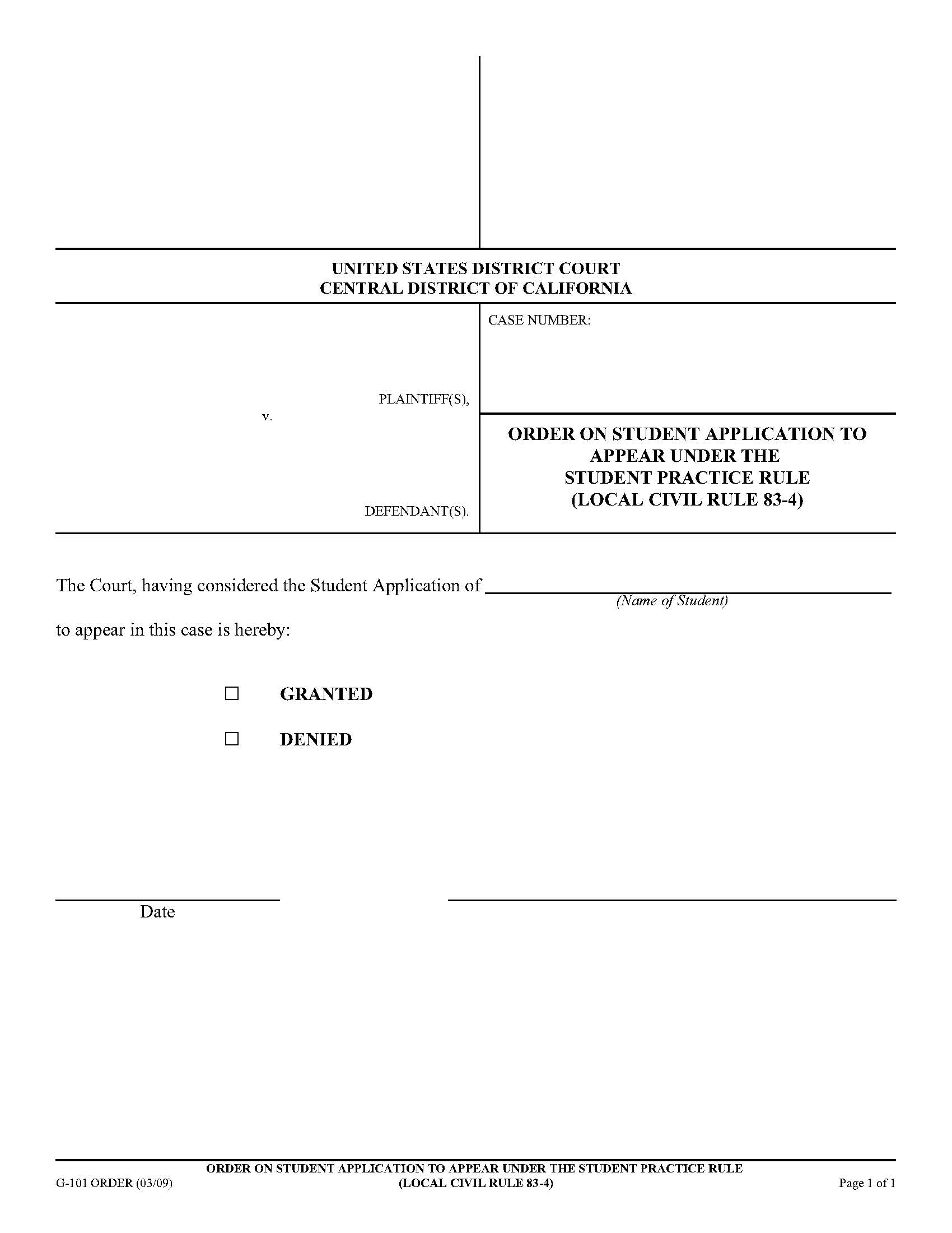 Order On Student Application To Appear (E-Filing Attachment) {G-101} | Pdf Fpdf Doc Docx | California
