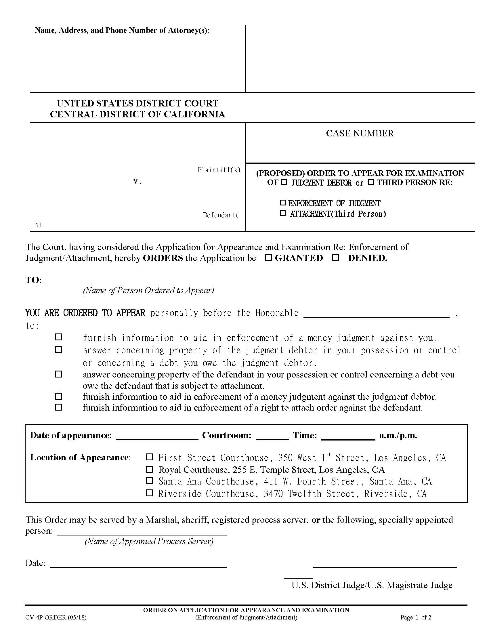 Order To Appear For Examination (E-Filing Attachment) {CV-4P} | Pdf Fpdf Doc Docx | California