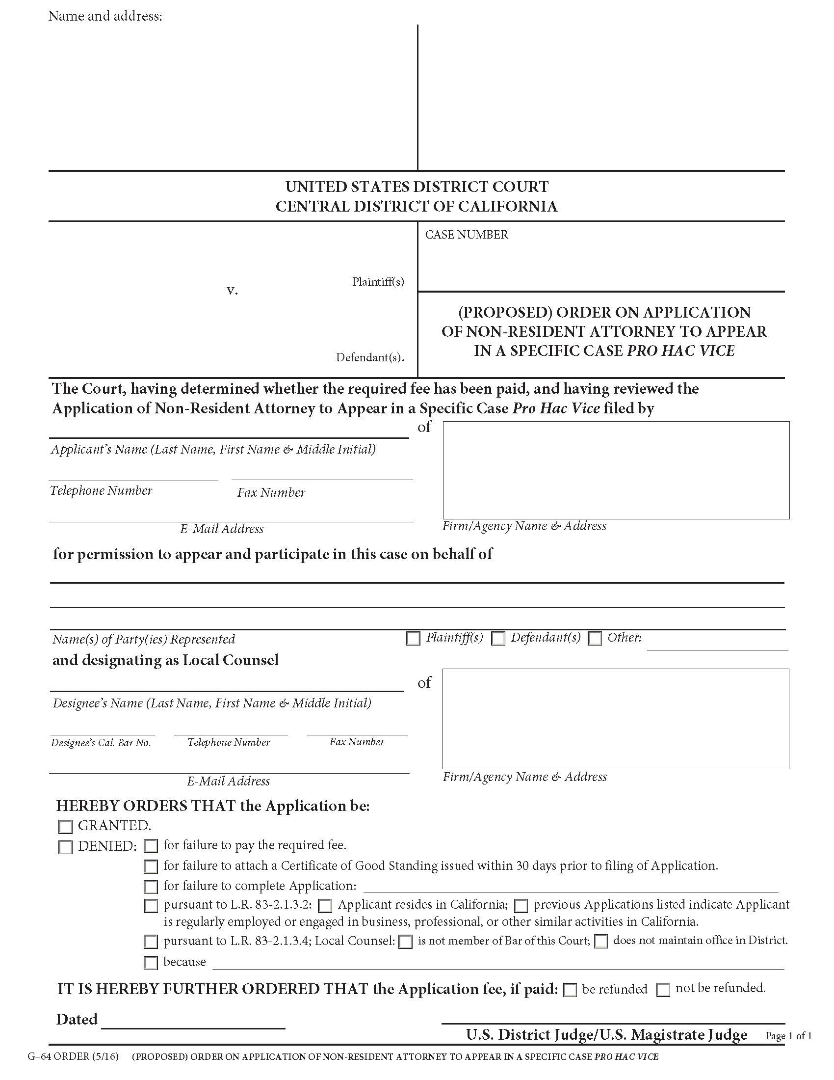 (Proposed) Order On Application Of Non-Resident Attorney To Appear In A Specific Case {G-64} | Pdf Fpdf Doc Docx | California