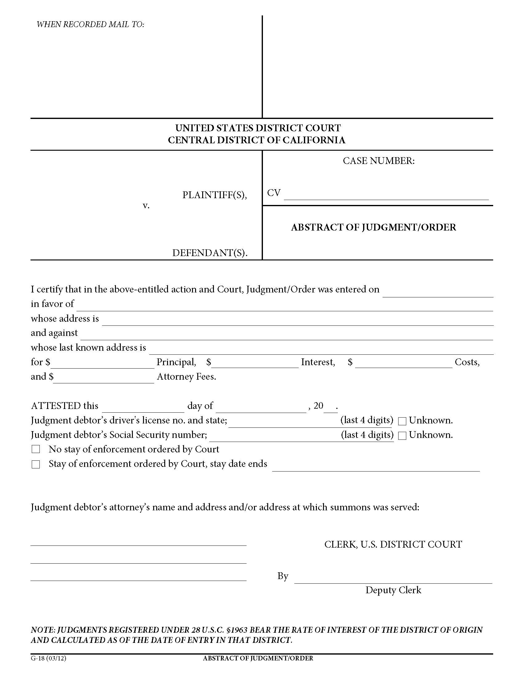 Abstract Of Judgment-Order {G-18} | Pdf Fpdf Doc Docx | California