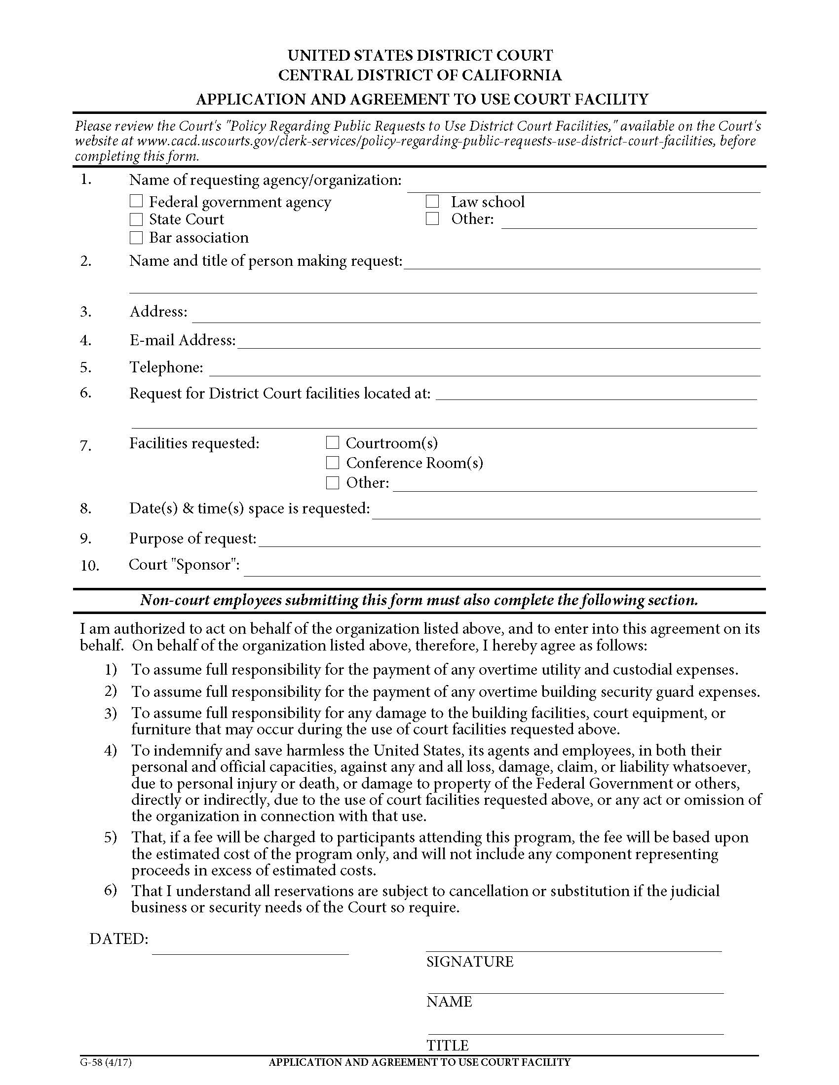 Application And Agreement To Use Court Facility {G-58} | Pdf Fpdf Doc Docx | California