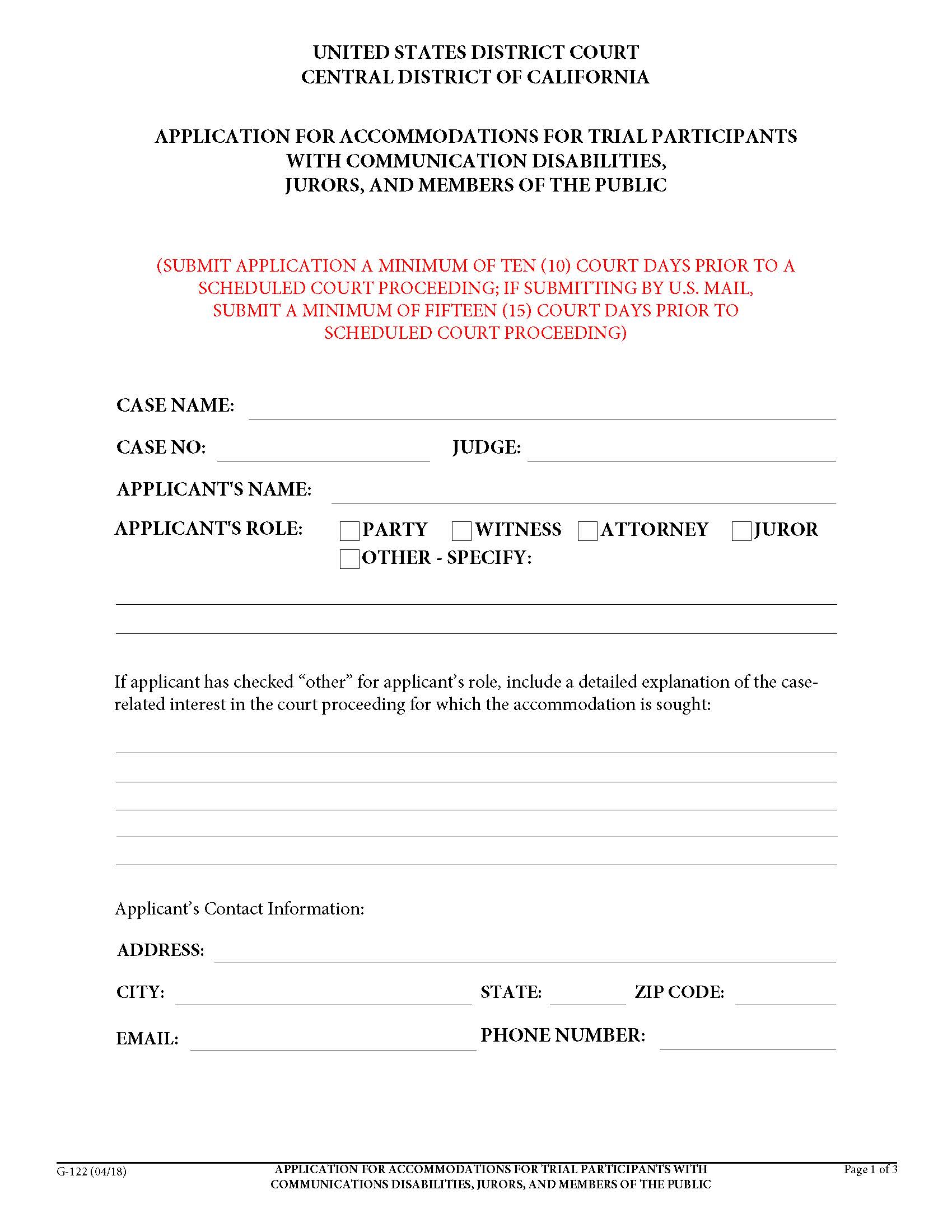 Application For Accommodations For Trial Participants With Communications Disabilites {G-122} | Pdf Fpdf Docx | California