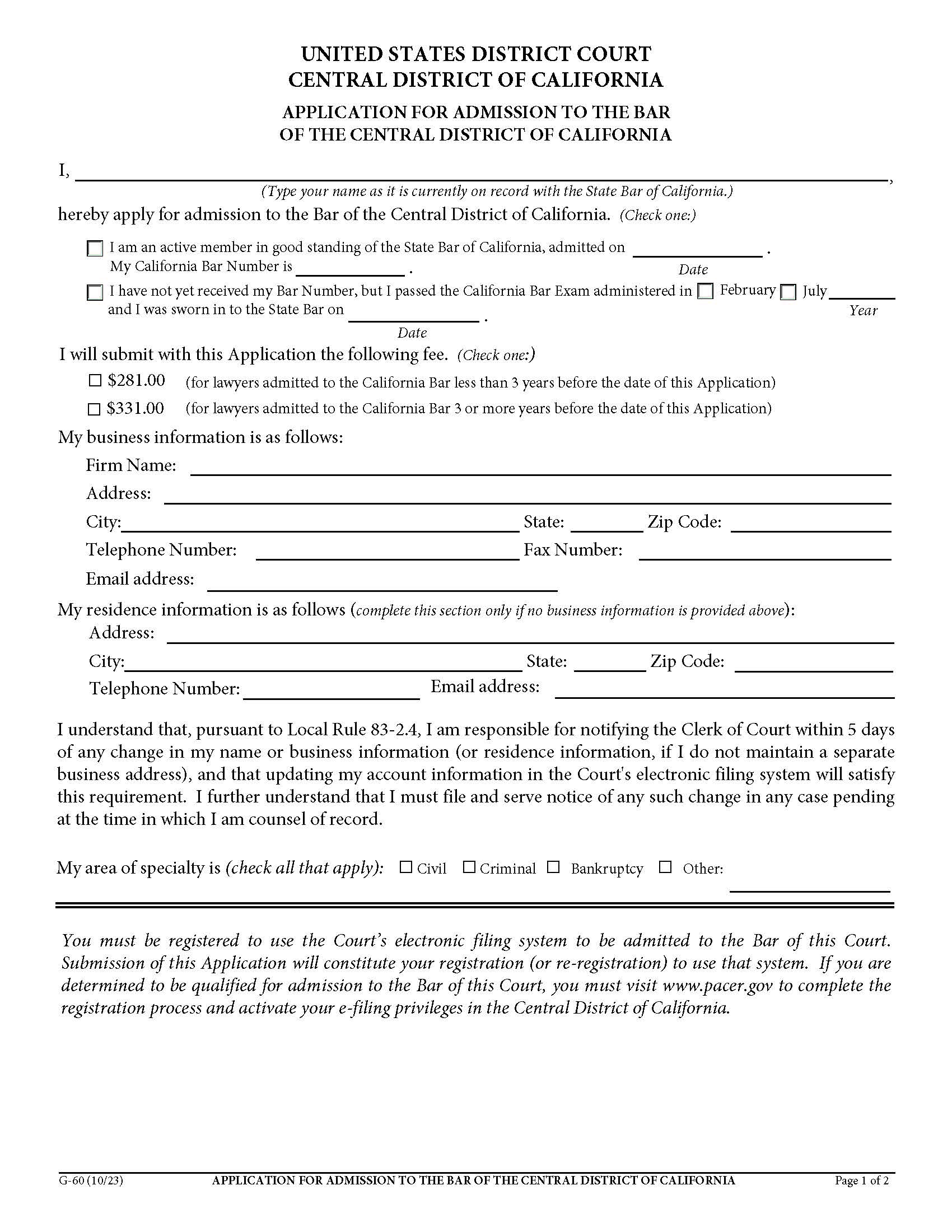 Application For Admission To The Bar Of The Central District Of California {G-60} | Pdf Fpdf Docx | California