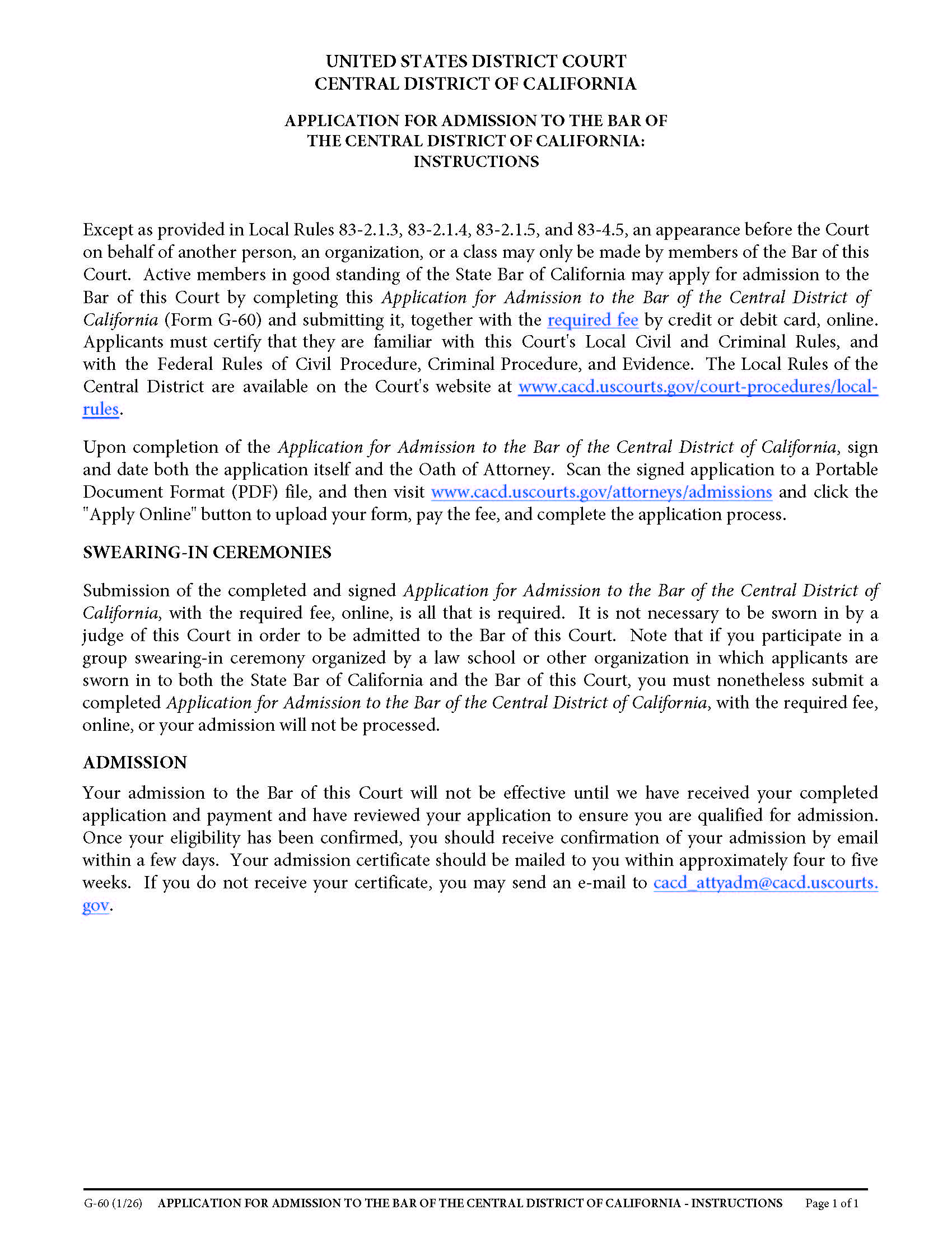 Application For Admission To The Bar Of The Central District Of California {G-60} | Pdf Fpdf Docx | California
