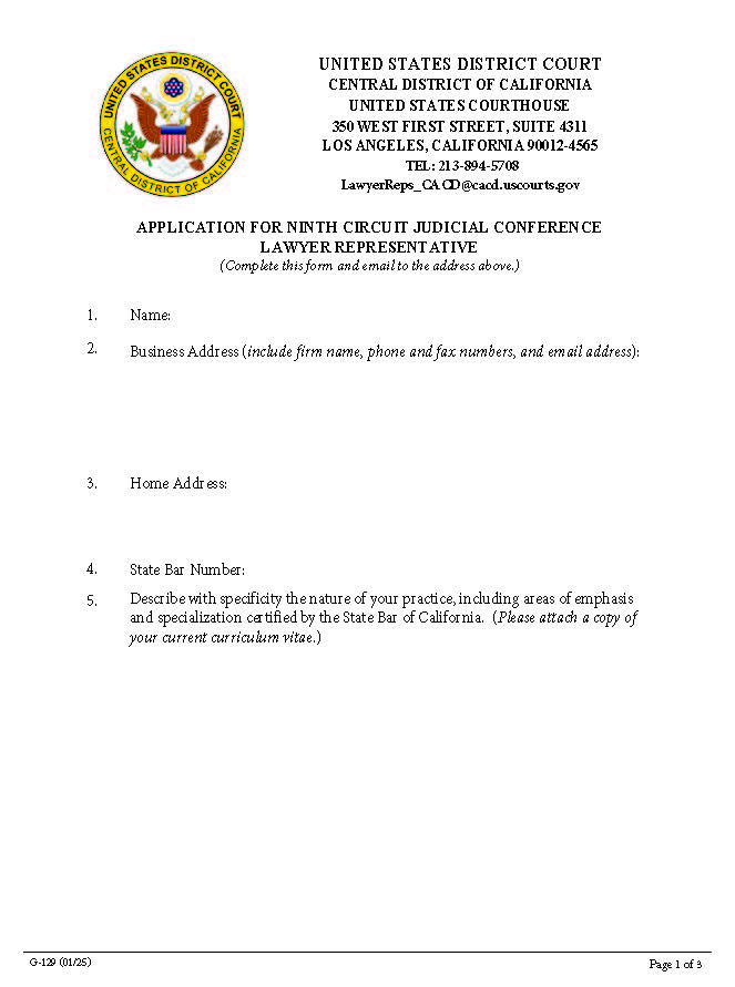 Application For Ninth Circuit Judicial Conference Lawyer Representative {G-129} | Pdf Fpdf Docx | California