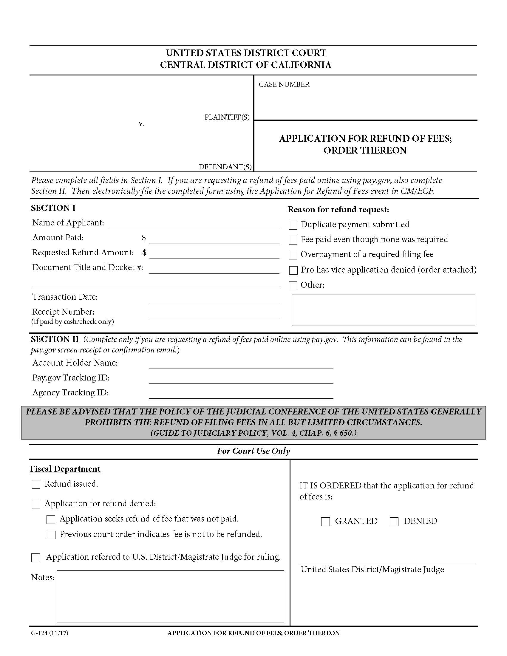 Application For Refund Of Fees Order Thereon {G-124} | Pdf Fpdf Docx | California