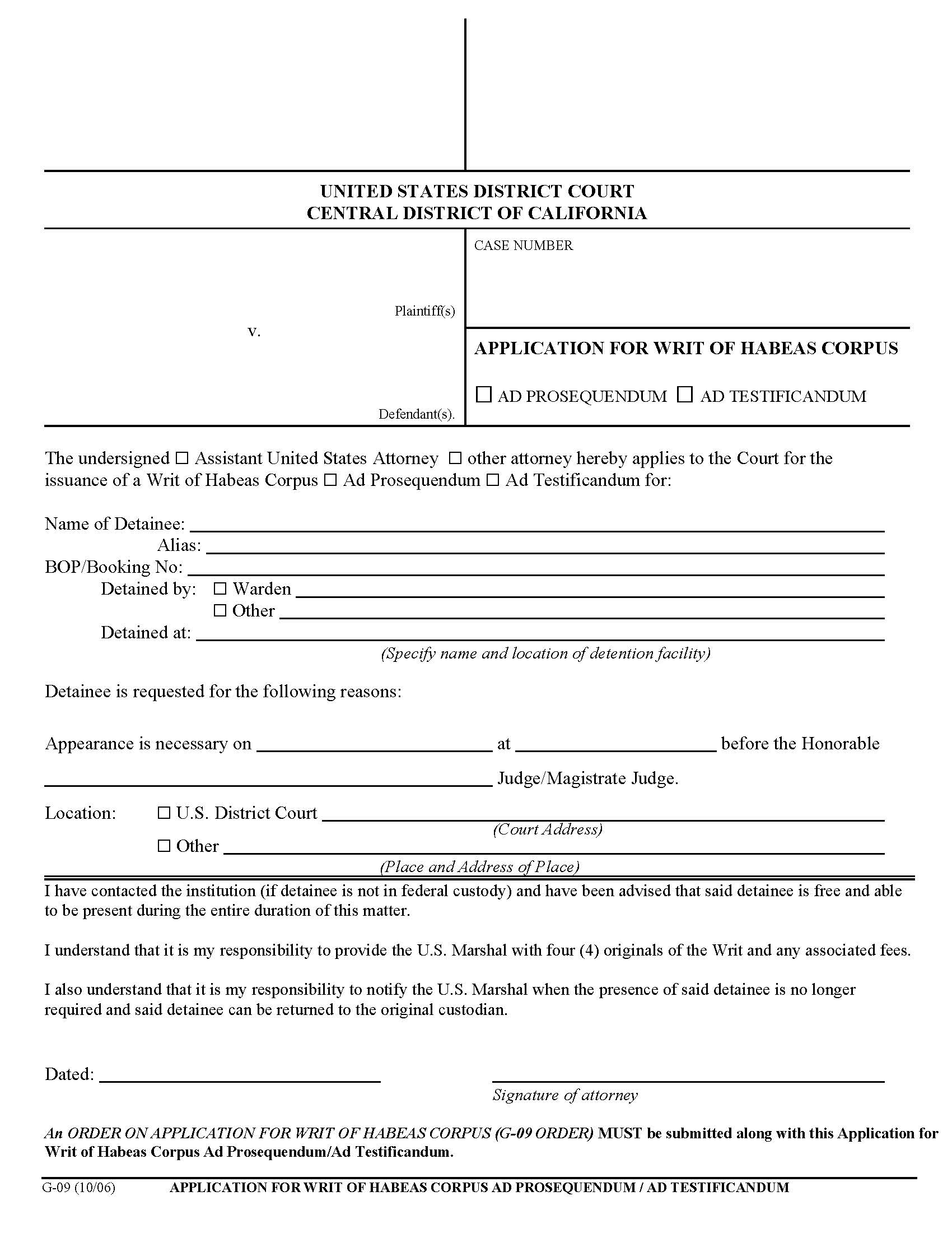 Application For Writ Of Habeas Corpus Ad Prosequendum-Ad Testificandum {G-09} | Pdf Fpdf Doc Docx | California