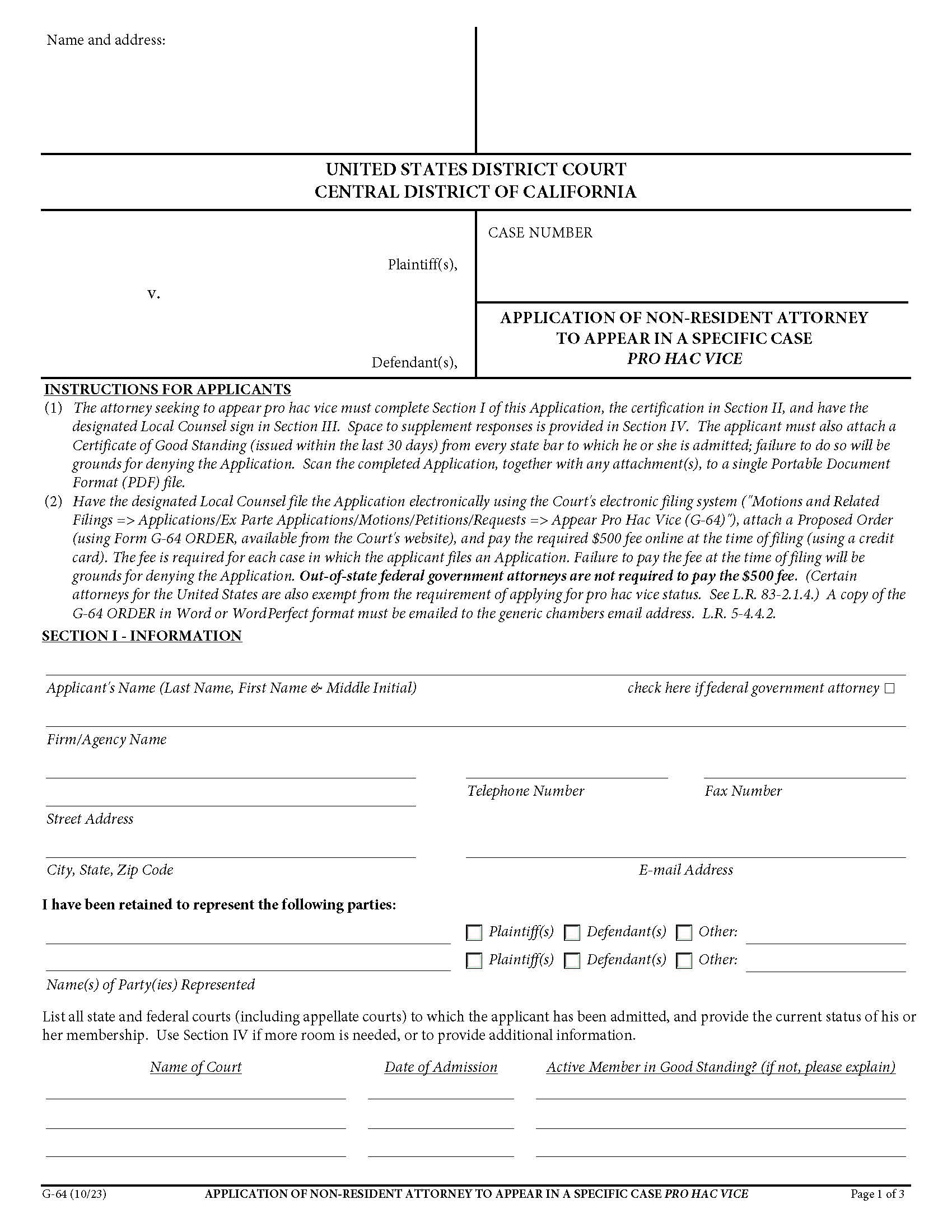 Application Of Non Resident Attorney To Appear In A Specific Case {G-64} | Pdf Fpdf Docx | California