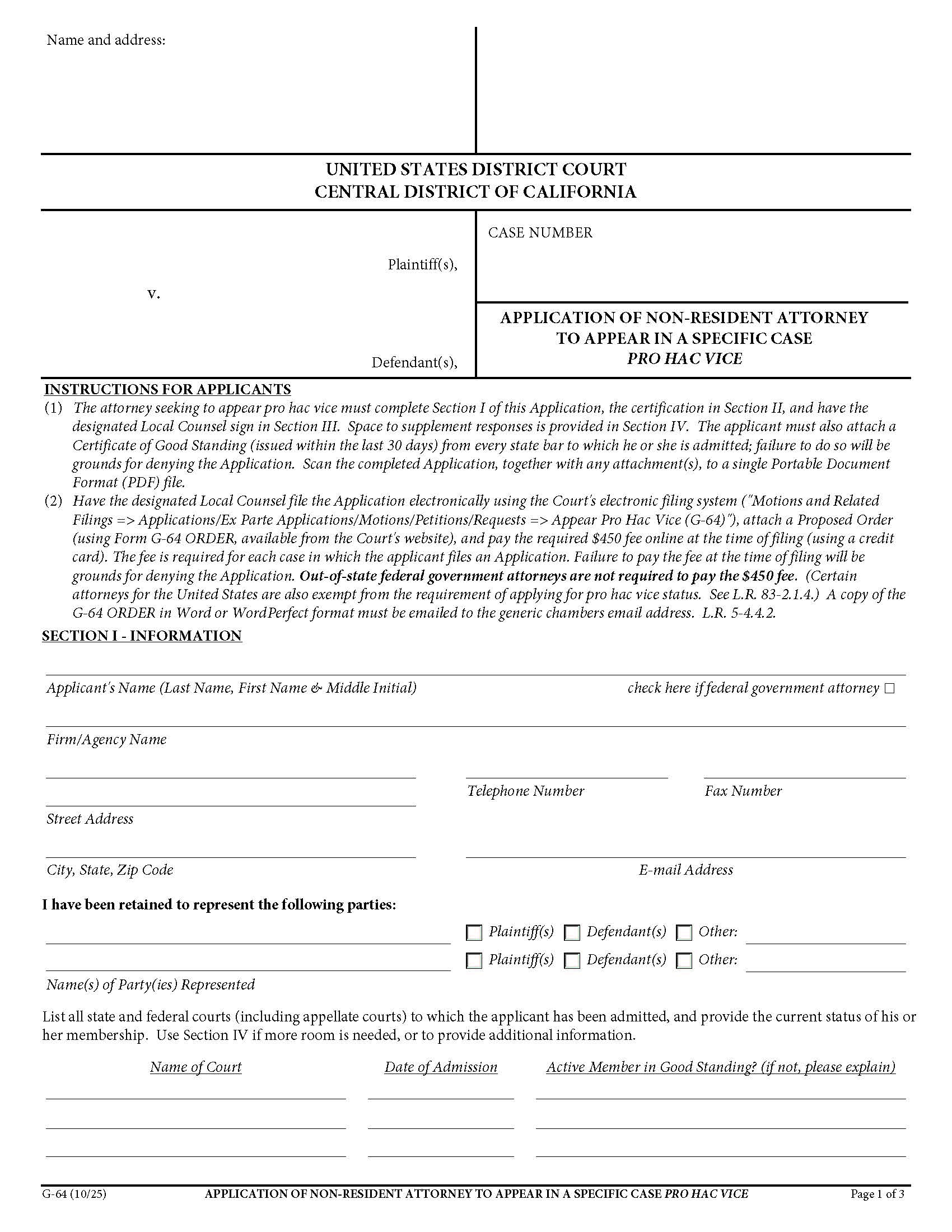Application Of Non Resident Attorney To Appear In A Specific Case {G-64} | Pdf Fpdf Docx | California