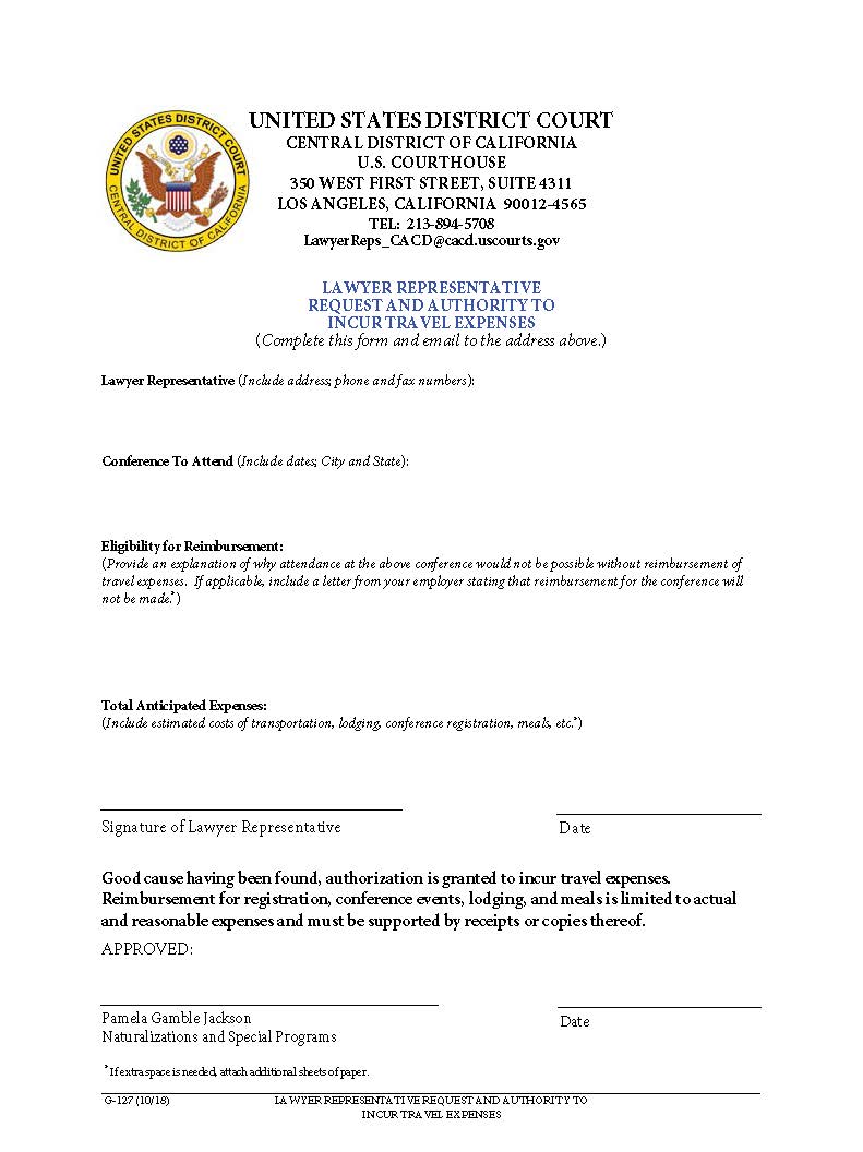 Lawyer Representative Request And Authority To Incur Travel Expenses {G-127} | Pdf Fpdf Docx | California