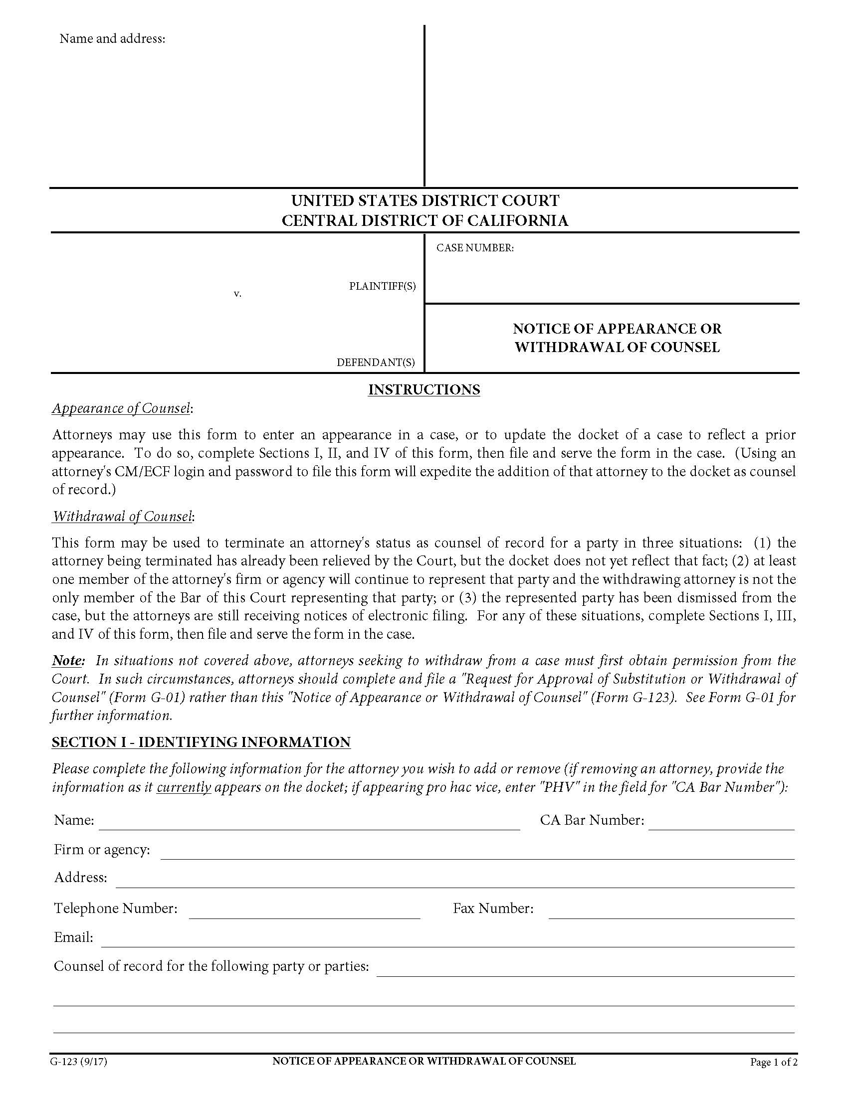 Notice Of Appearance Or Withdrawal Of Counsel {G-123} | Pdf Fpdf Docx | California