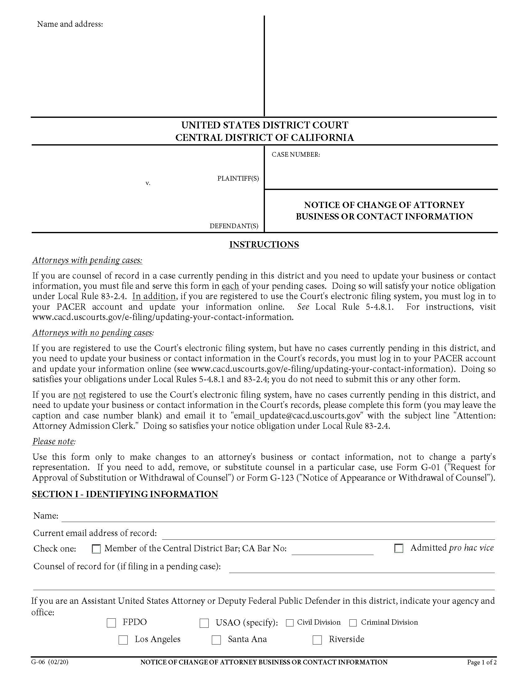 Notice Of Change Of Attorney Business Or Contact Information {G-06} | Pdf Fpdf Docx | California