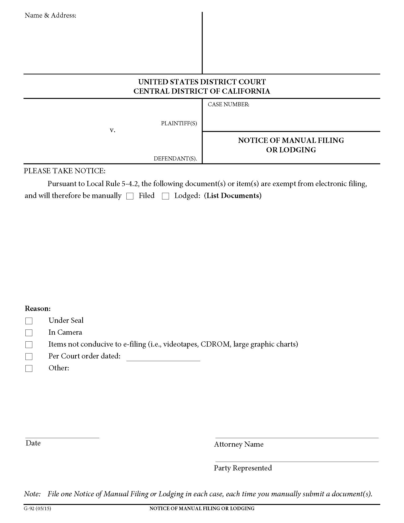 Notice Of Manual Filing Or Lodging {G-92} | Pdf Fpdf Doc Docx | California