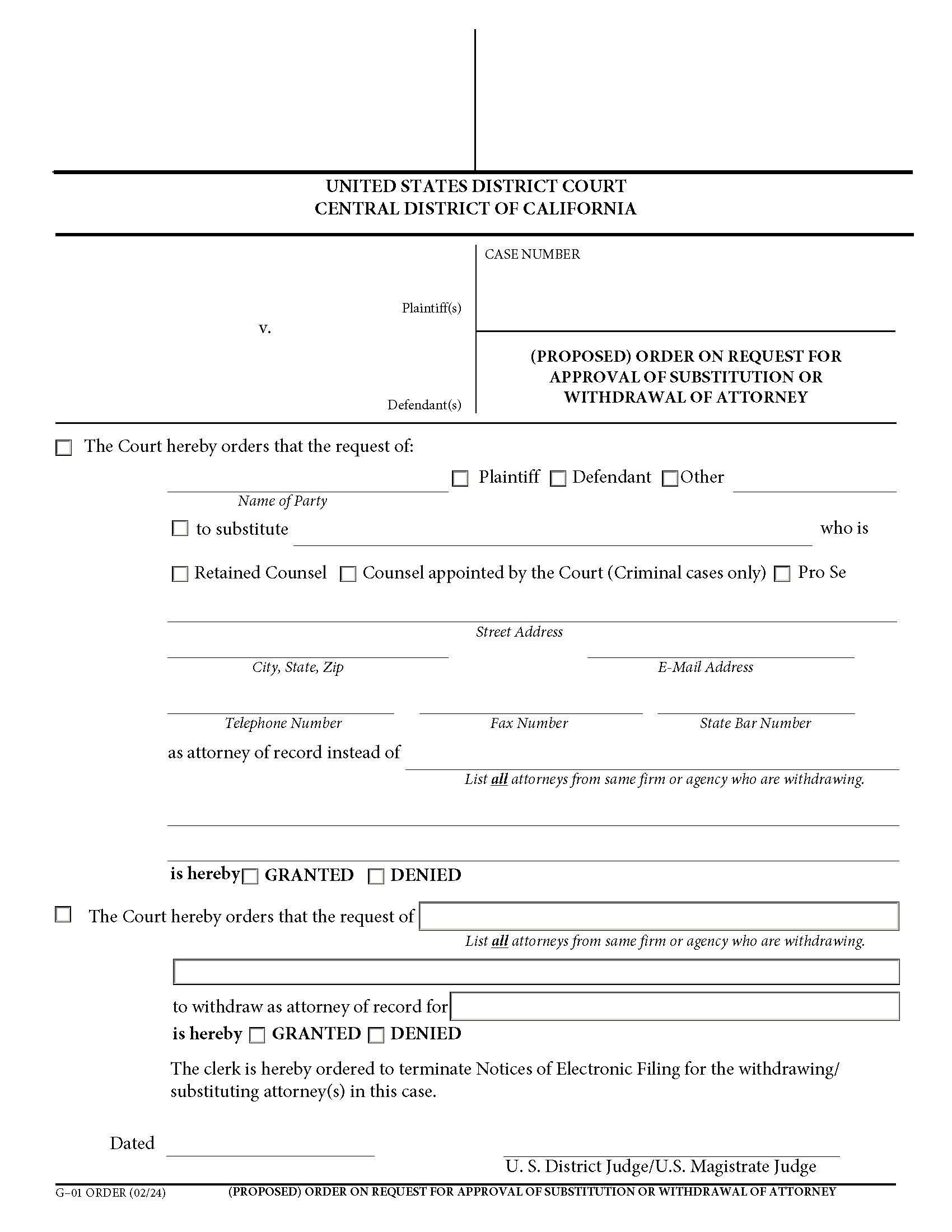Order On Request For Approval Of Substitution Of Attorney {G-01} | Pdf Fpdf Doc Docx | California