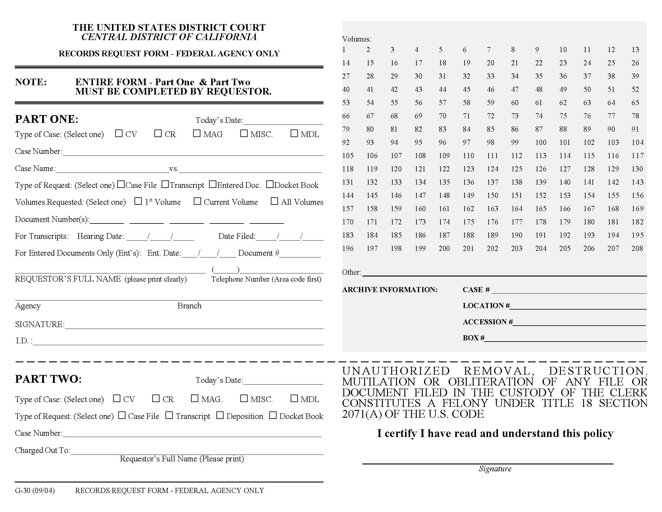 Records Request Form-Federal Agency {G-30} | Pdf Fpdf Doc Docx | California