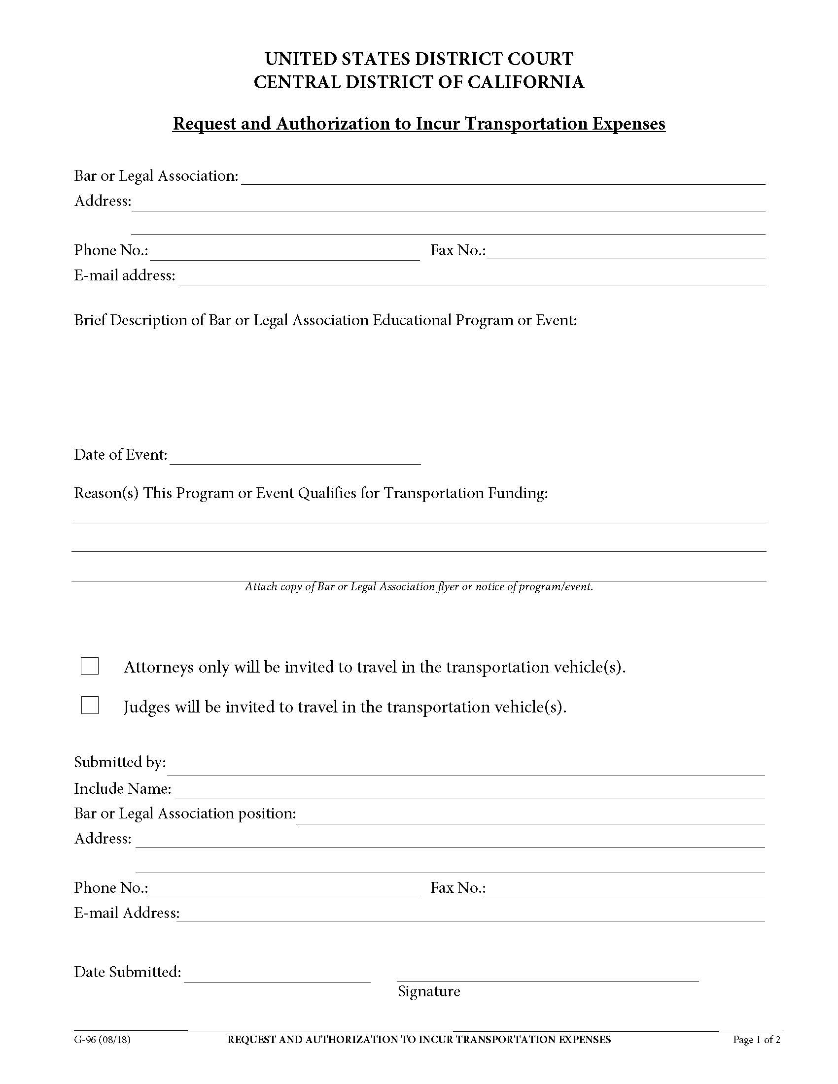 Request And Authorization To Incur Transportation Expenses {G-96} | Pdf Fpdf Docx | California