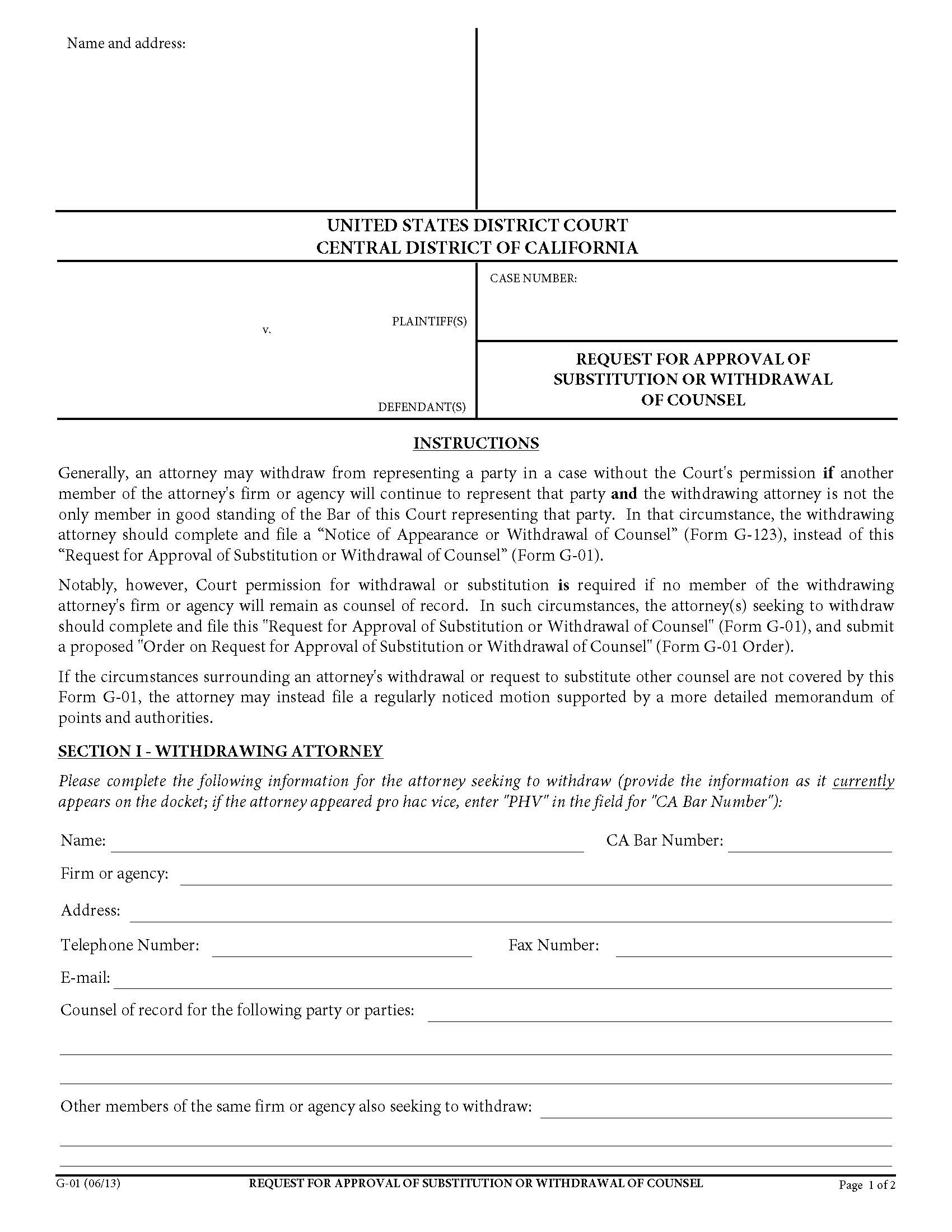 Request For Approval Of Substitution Of Attorney {G-01} | Pdf Fpdf Doc Docx | California