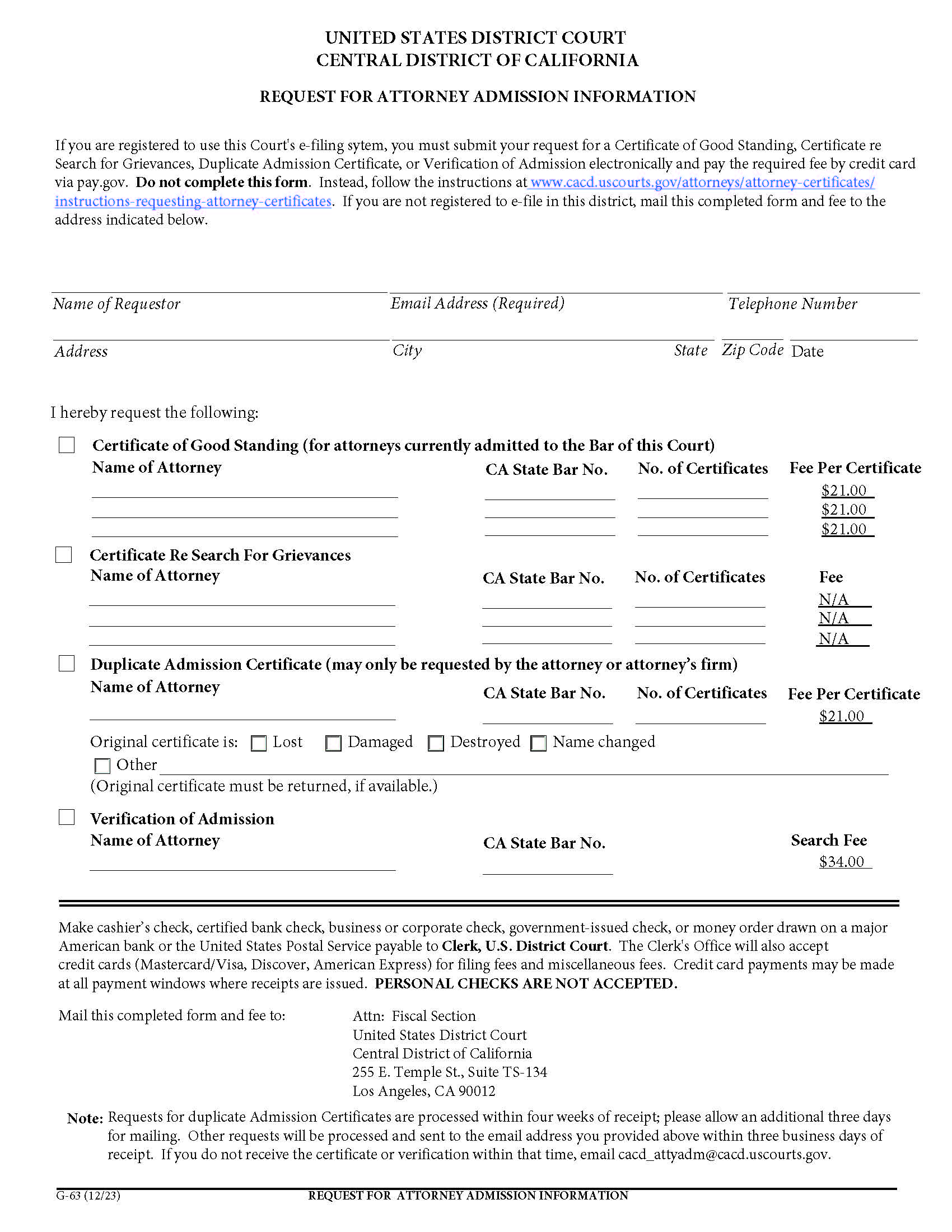 Request For Attorney Admission Information {G-63} | Pdf Fpdf Docx | California