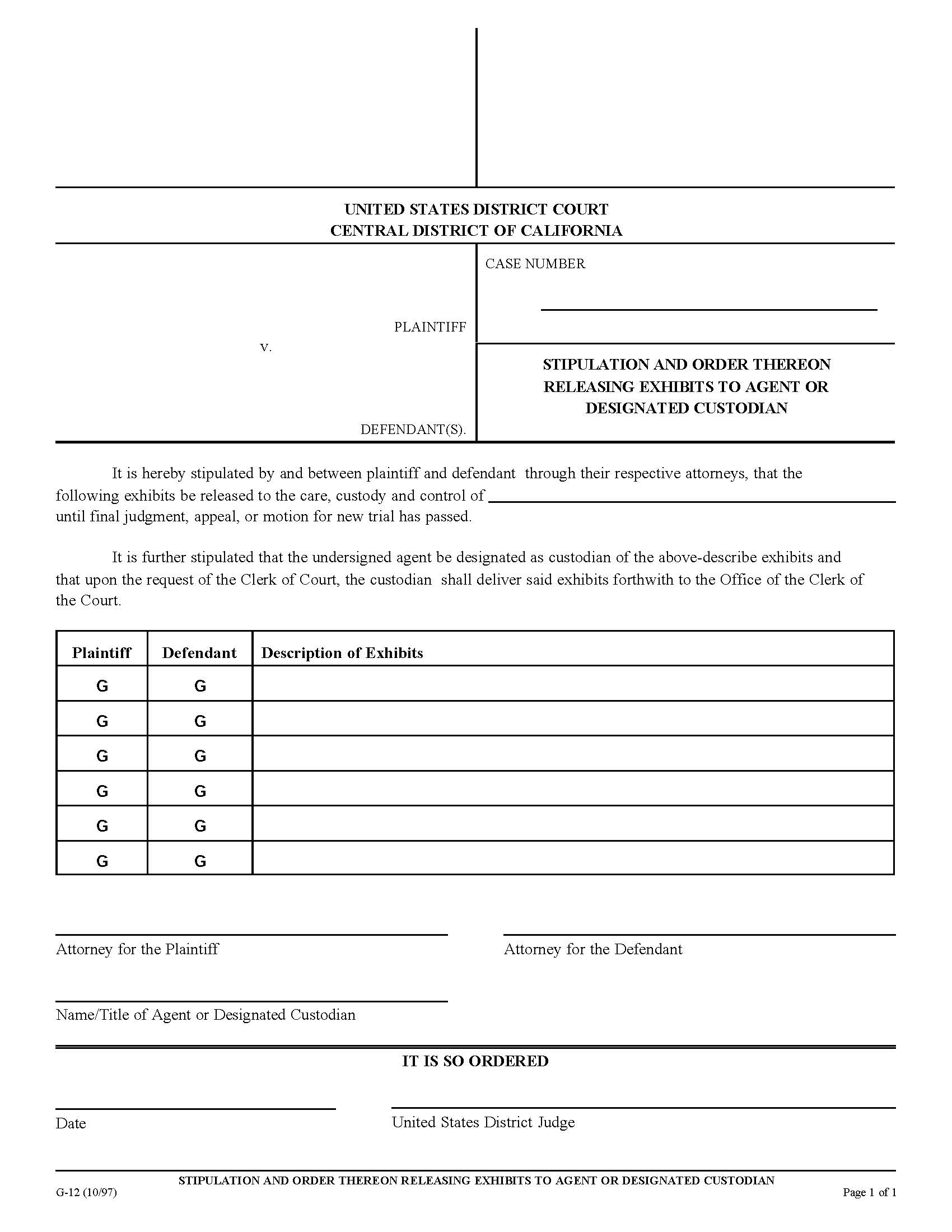 Stipulation And Order Thereon Releasing Exhibits To Agent Or Designated Custodian {G-12} | Pdf Fpdf Doc Docx | California