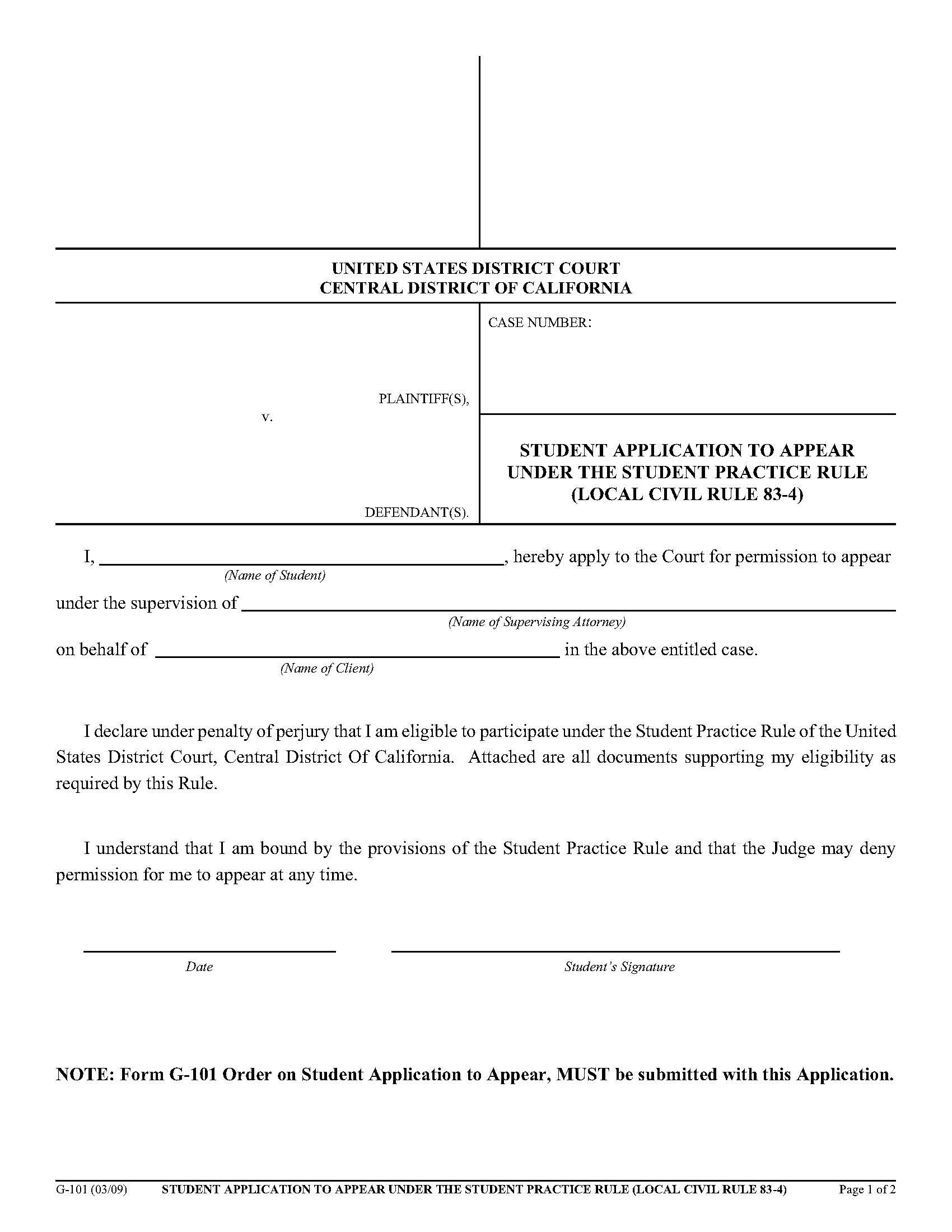 Student Application To Appear Under The Student Practice Rule {G-101} | Pdf Fpdf Doc Docx | California