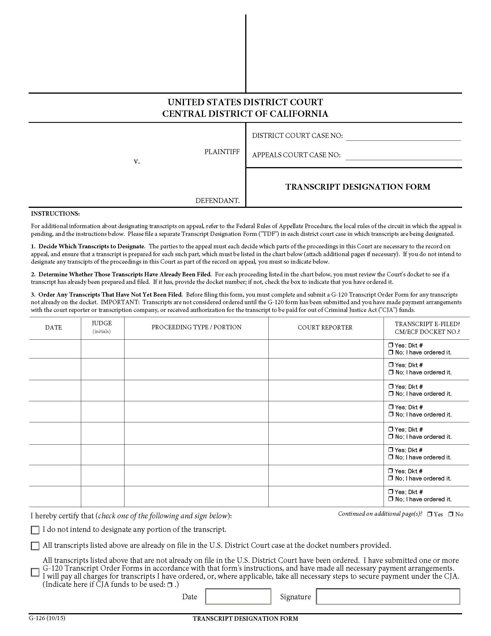 Transcript Designation Form {G-126} | Pdf Fpdf Doc Docx | California