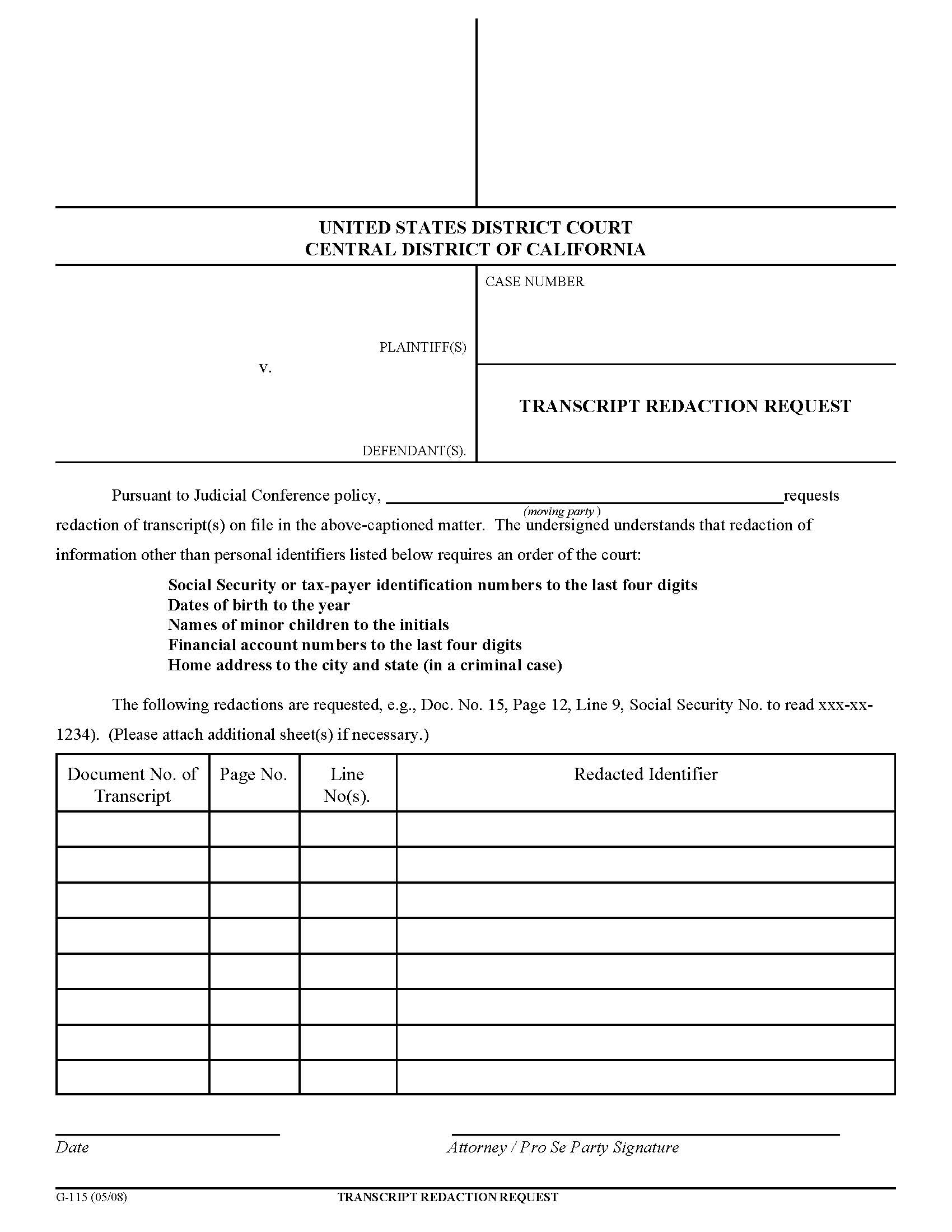 Transcript Redaction Request {G-115} | Pdf Fpdf Doc Docx | California
