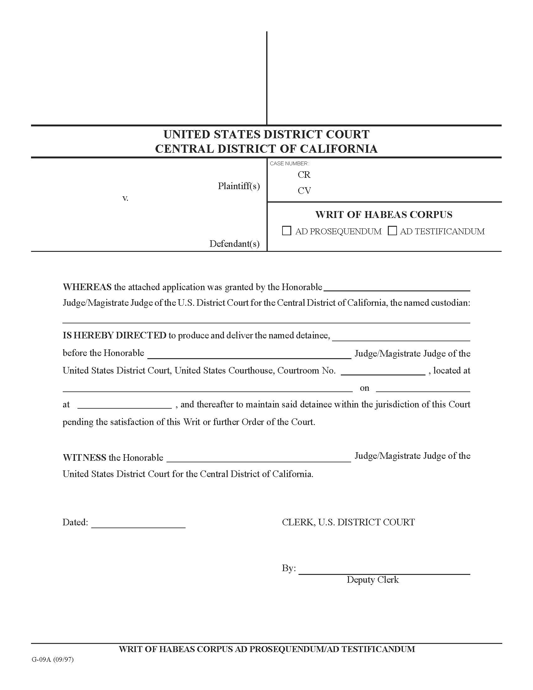 Writ Of Habeas Corpus {G-9A} | Pdf Fpdf Doc Docx | California