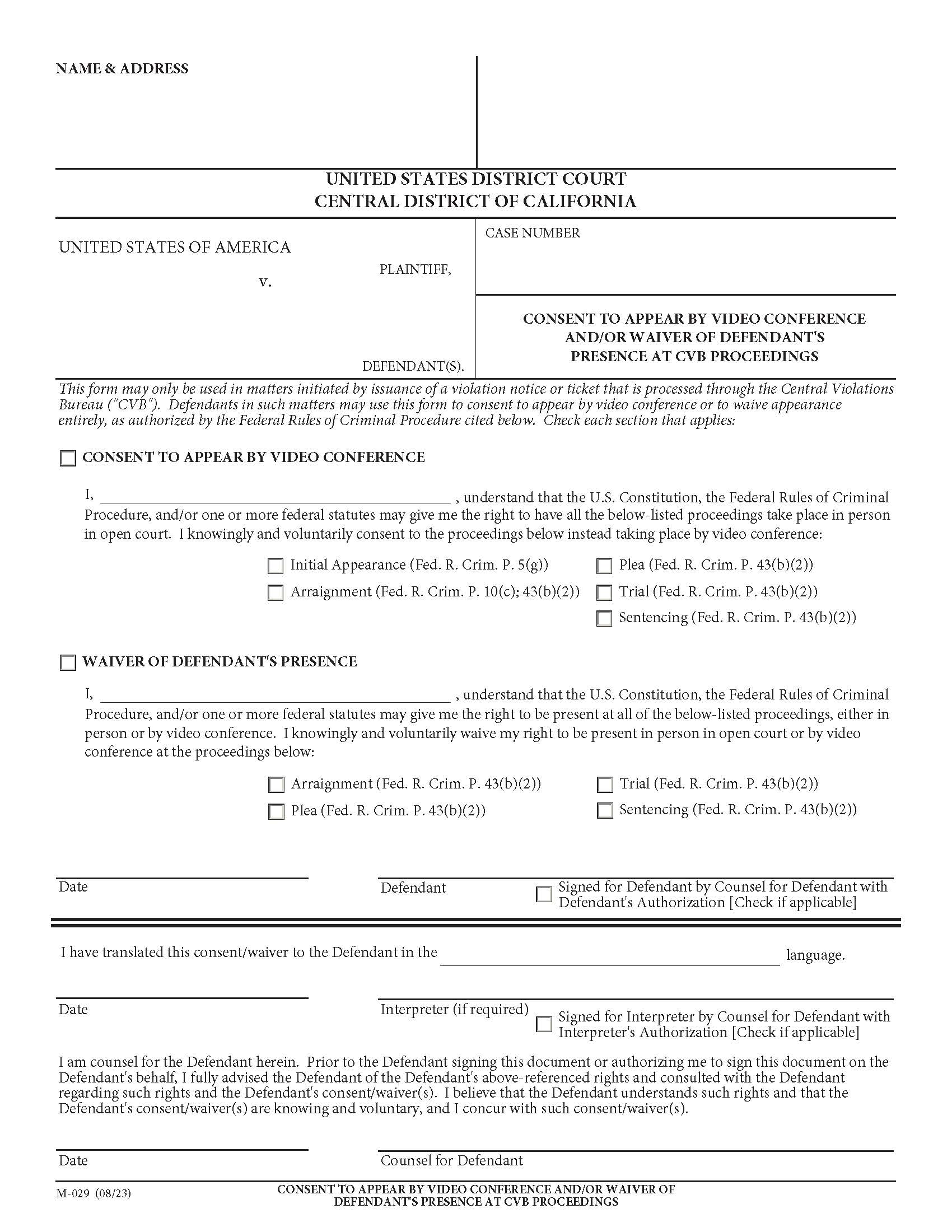 Consent To Appear By Video Conference And-Or Waiver Of Defendants Presence At CVB {M-29} | Pdf Fpdf Docx | California