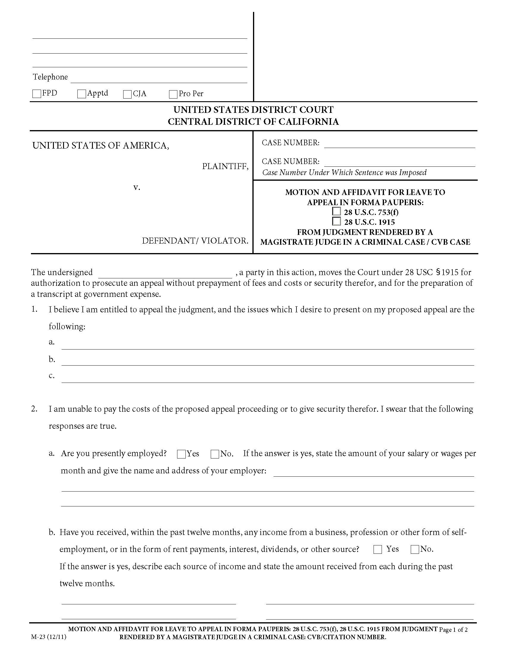 Motion And Affidavit For Leave In Forma Pauperis {M-23} | Pdf Fpdf Doc Docx | California