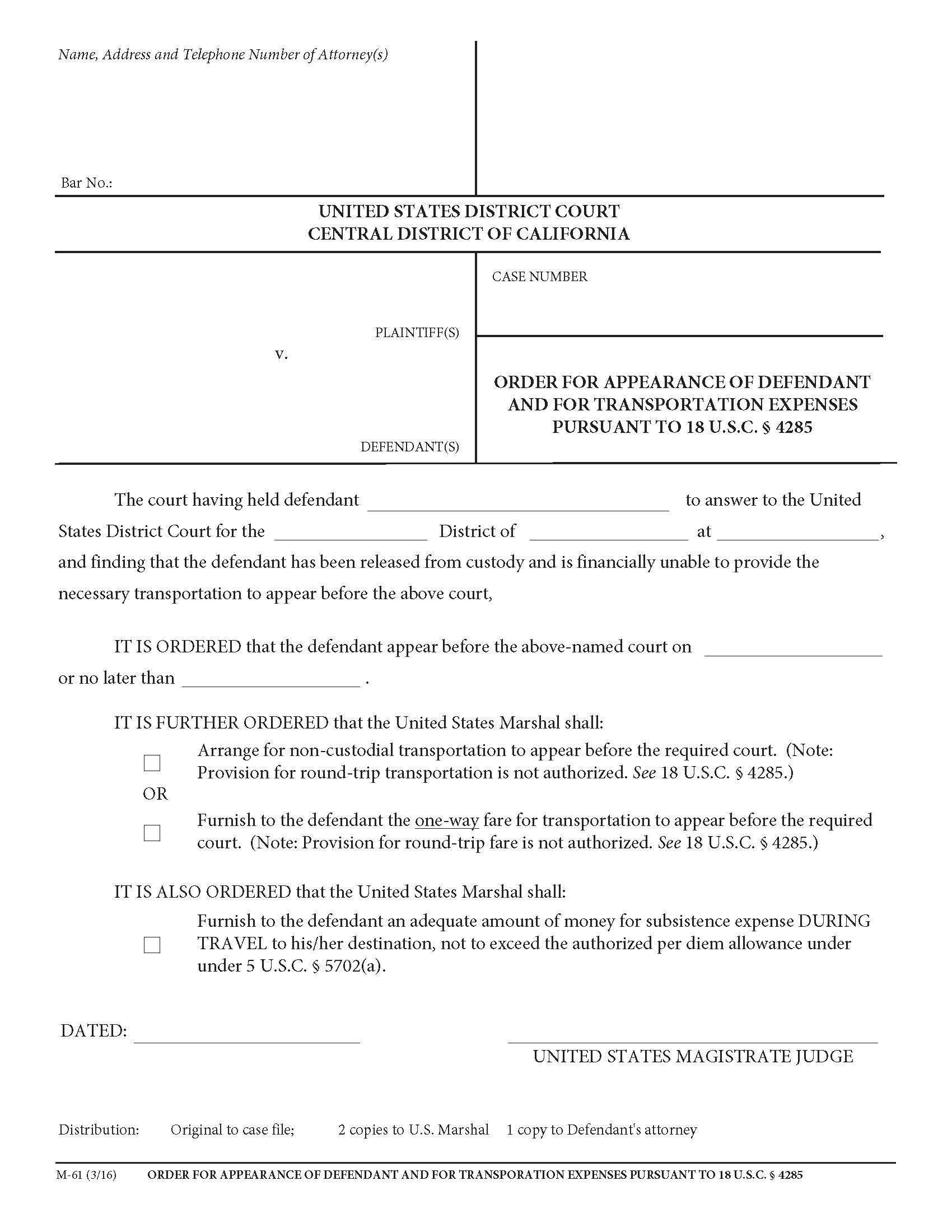 Order For Appearance Of Defendant And For Transportation Expenses {M-61} | Pdf Fpdf Doc Docx | California