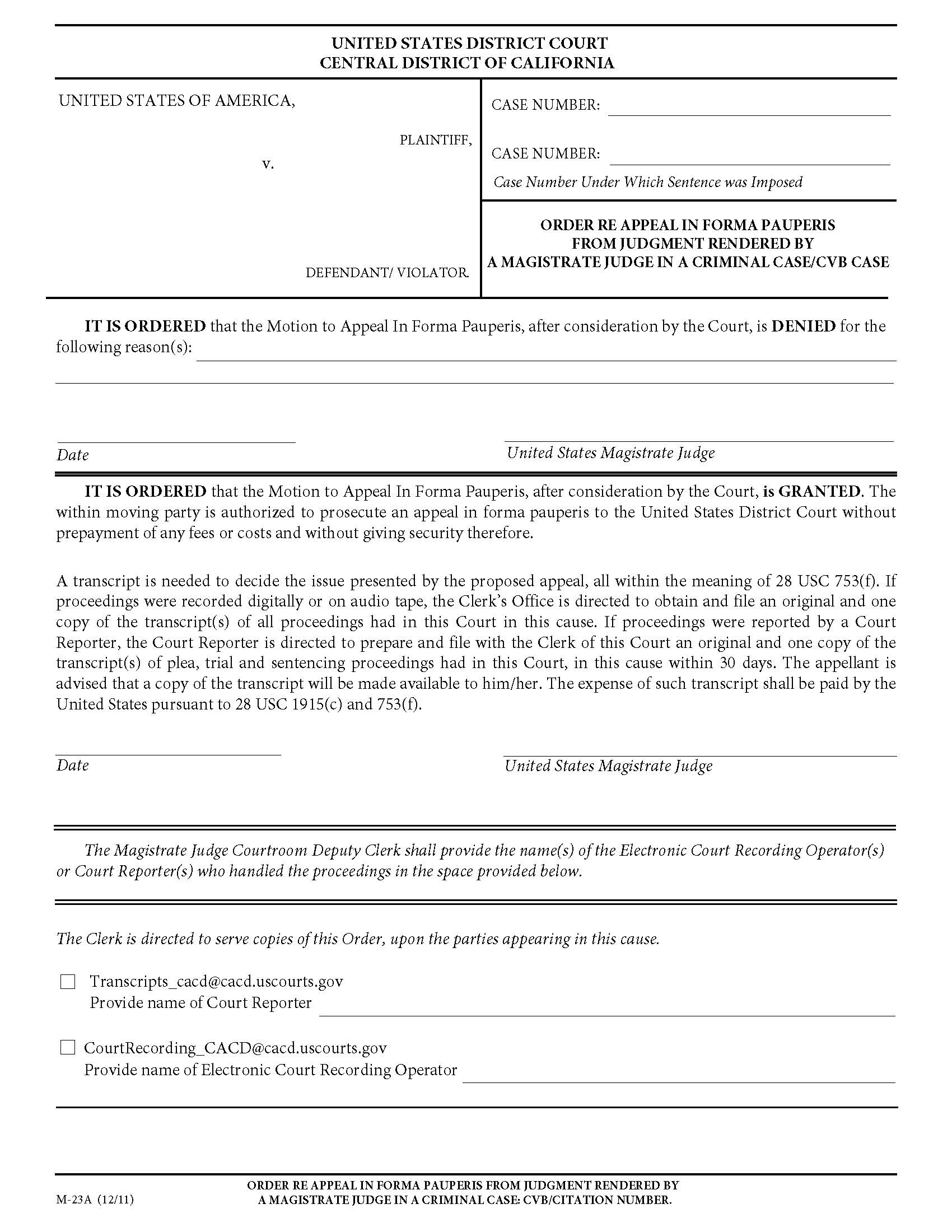 Order Re Appeal In Forma Pauperis From Judgment Rendered {M-23A} | Pdf Fpdf Doc Docx | California