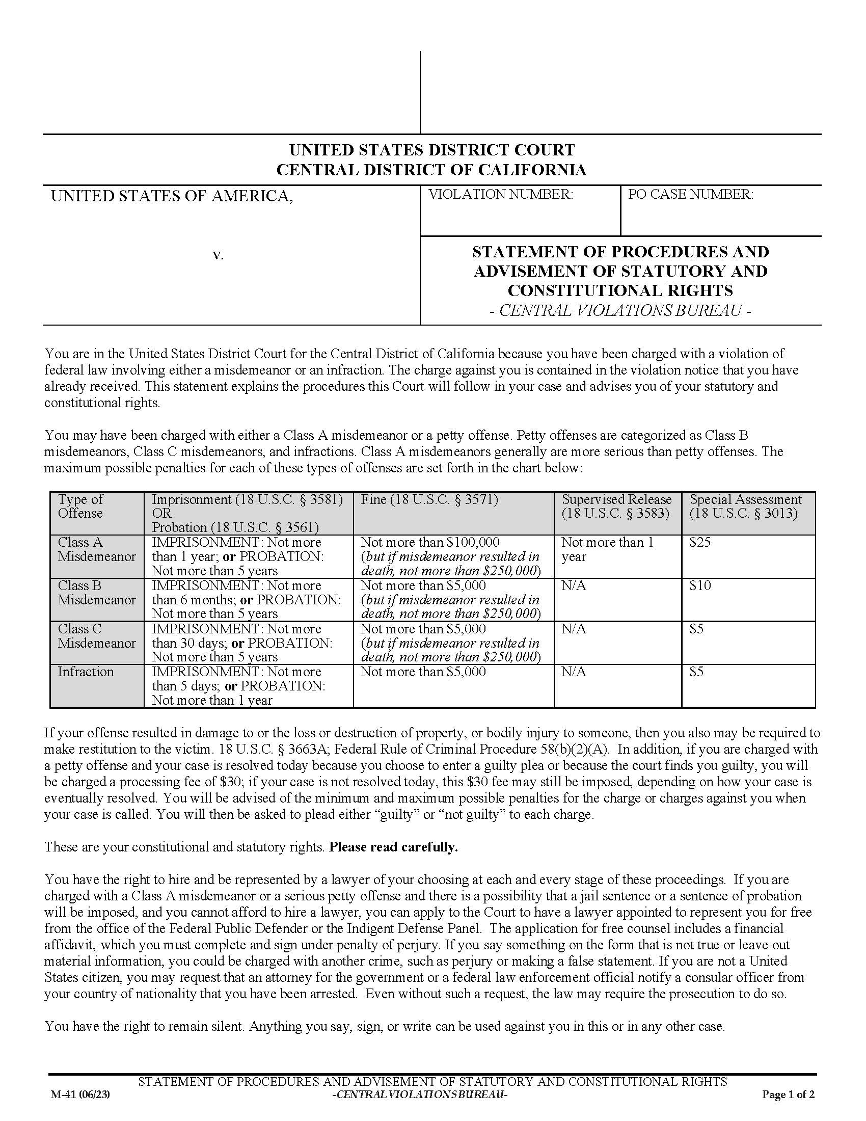 Statement Of Procedures And Advisement Of Rights Re Arraignment {M-41} | Pdf Fpdf Docx | California