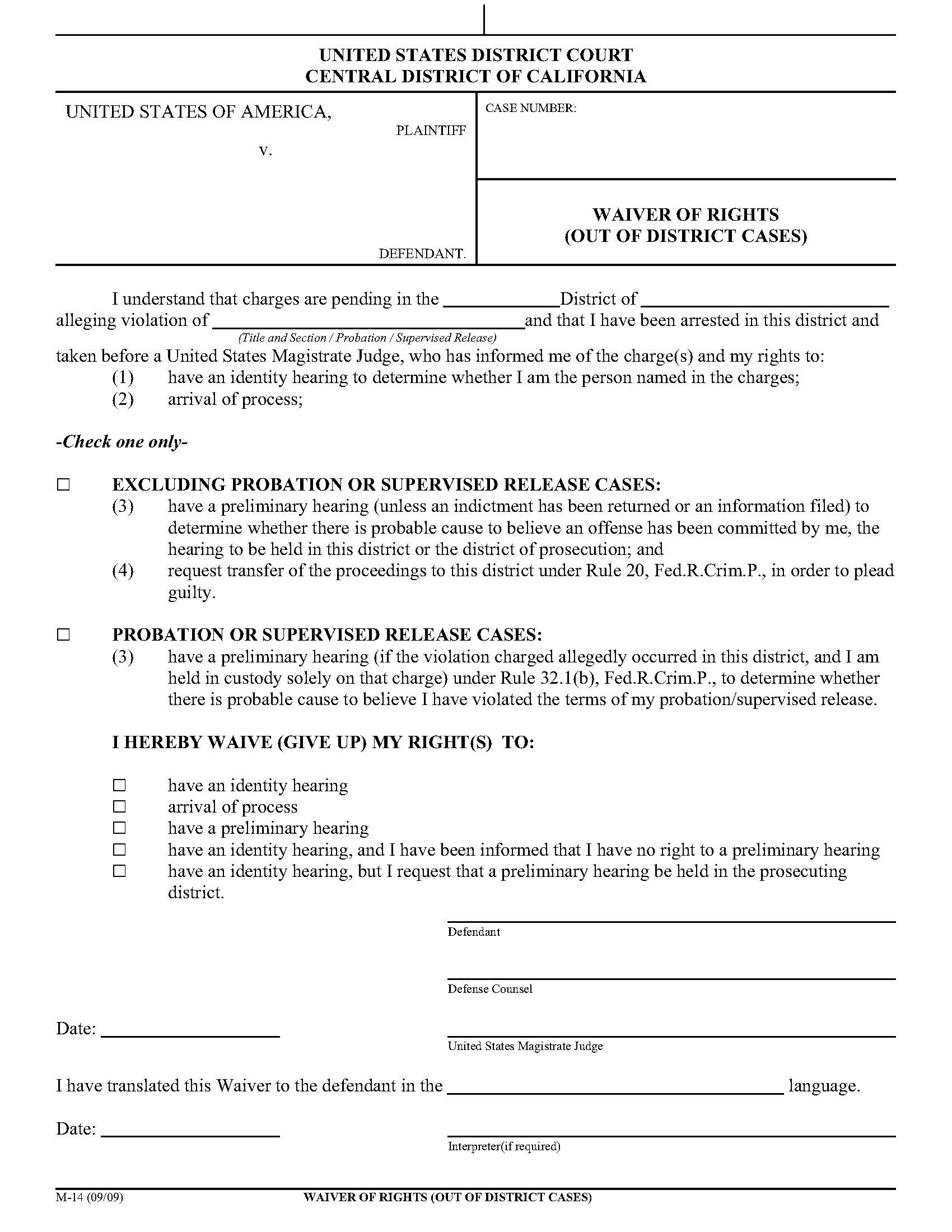 Waiver Of Rights (Out Of District Cases) {M-14} | Pdf Fpdf Doc Docx | California