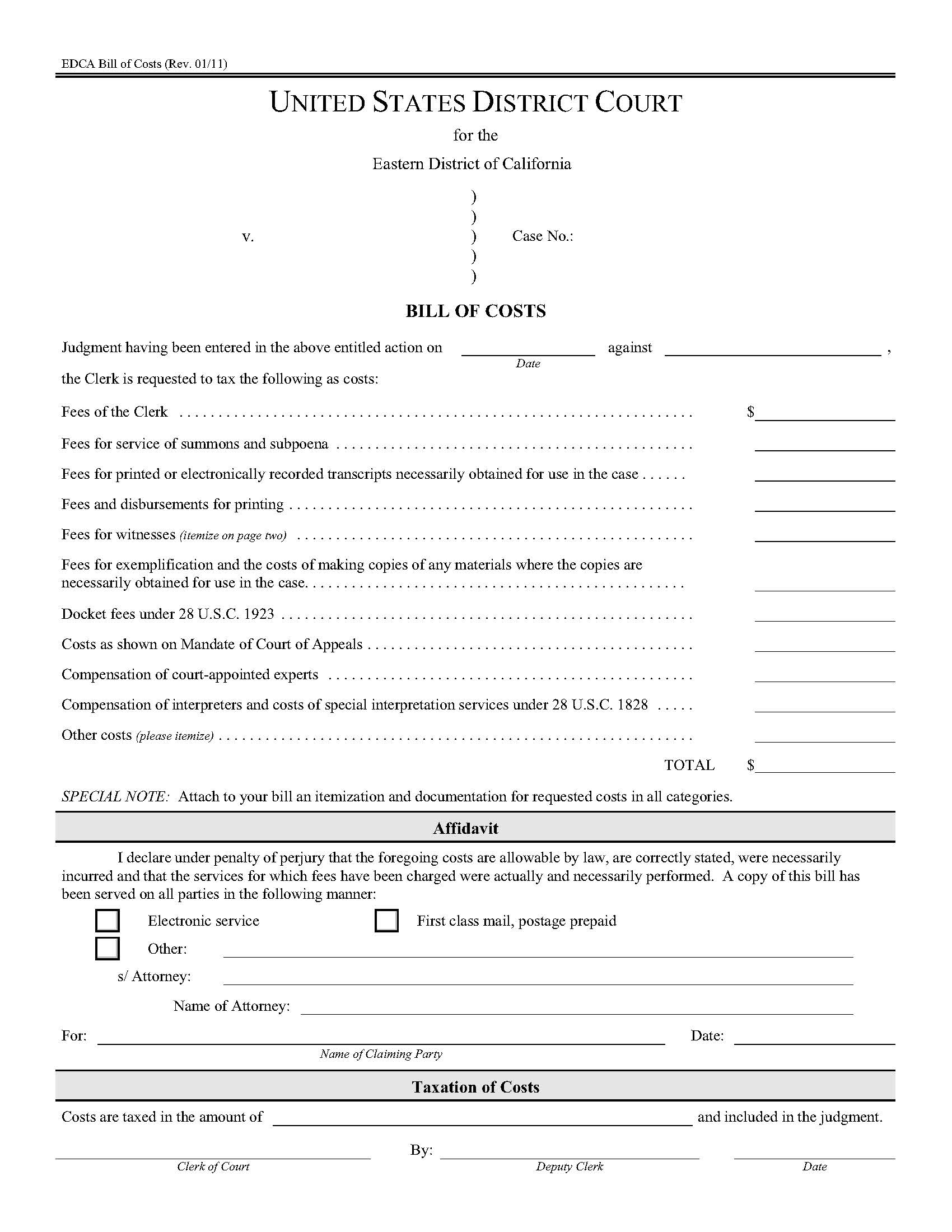 Bill Of Costs (EDCA) | Pdf Fpdf Doc Docx | California