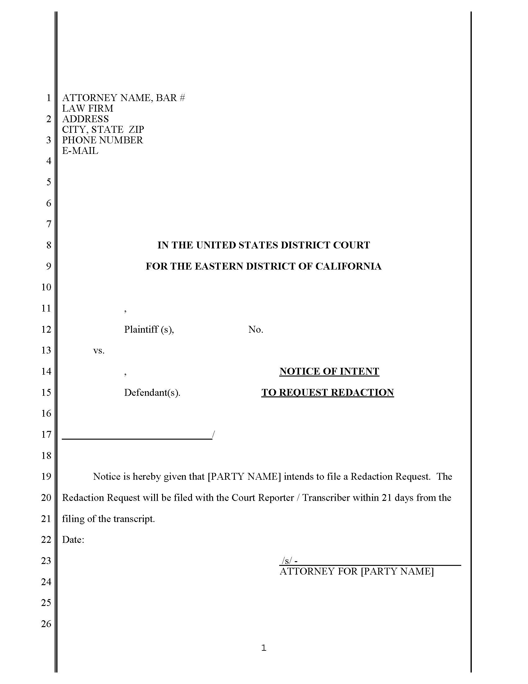 Notice Of Intent To Request Redaction | Pdf Fpdf Doc Docx | California