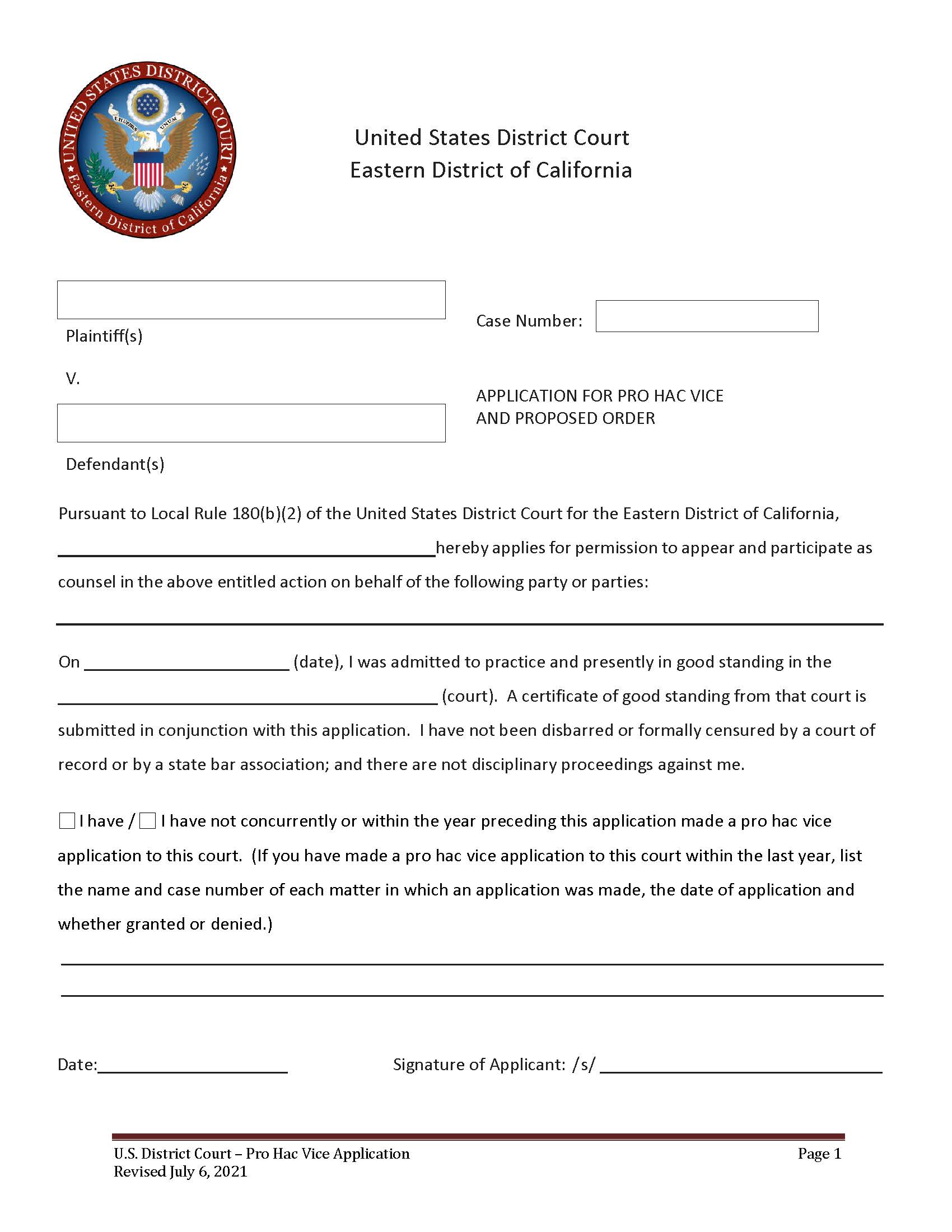 Pro Hac Vice Application And Proposed Order | Pdf Fpdf Doc Docx | California