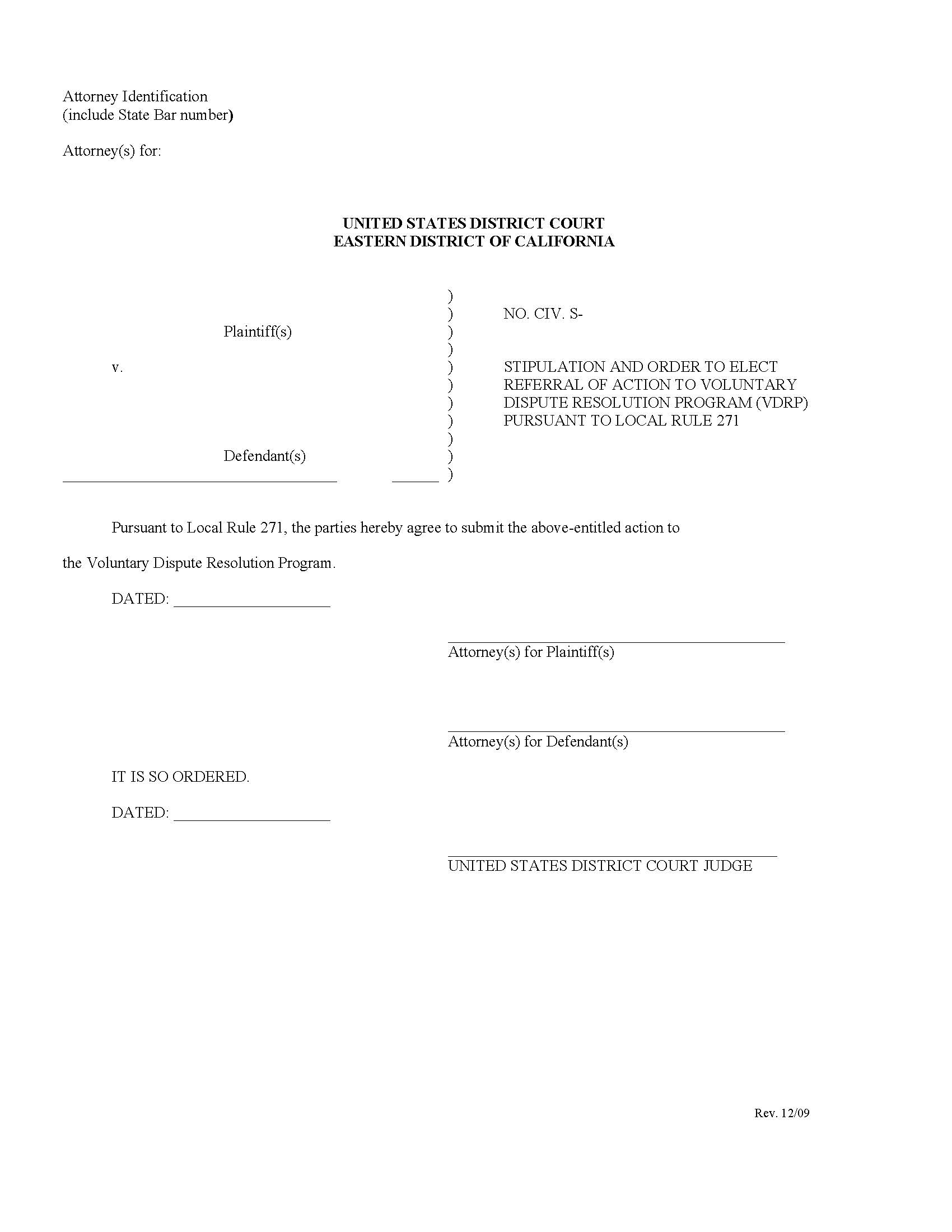 Stiplulation And Order To Elect Referral Of Action To Voluntary Dispute Resolution Program | Pdf Fpdf Doc Docx | California