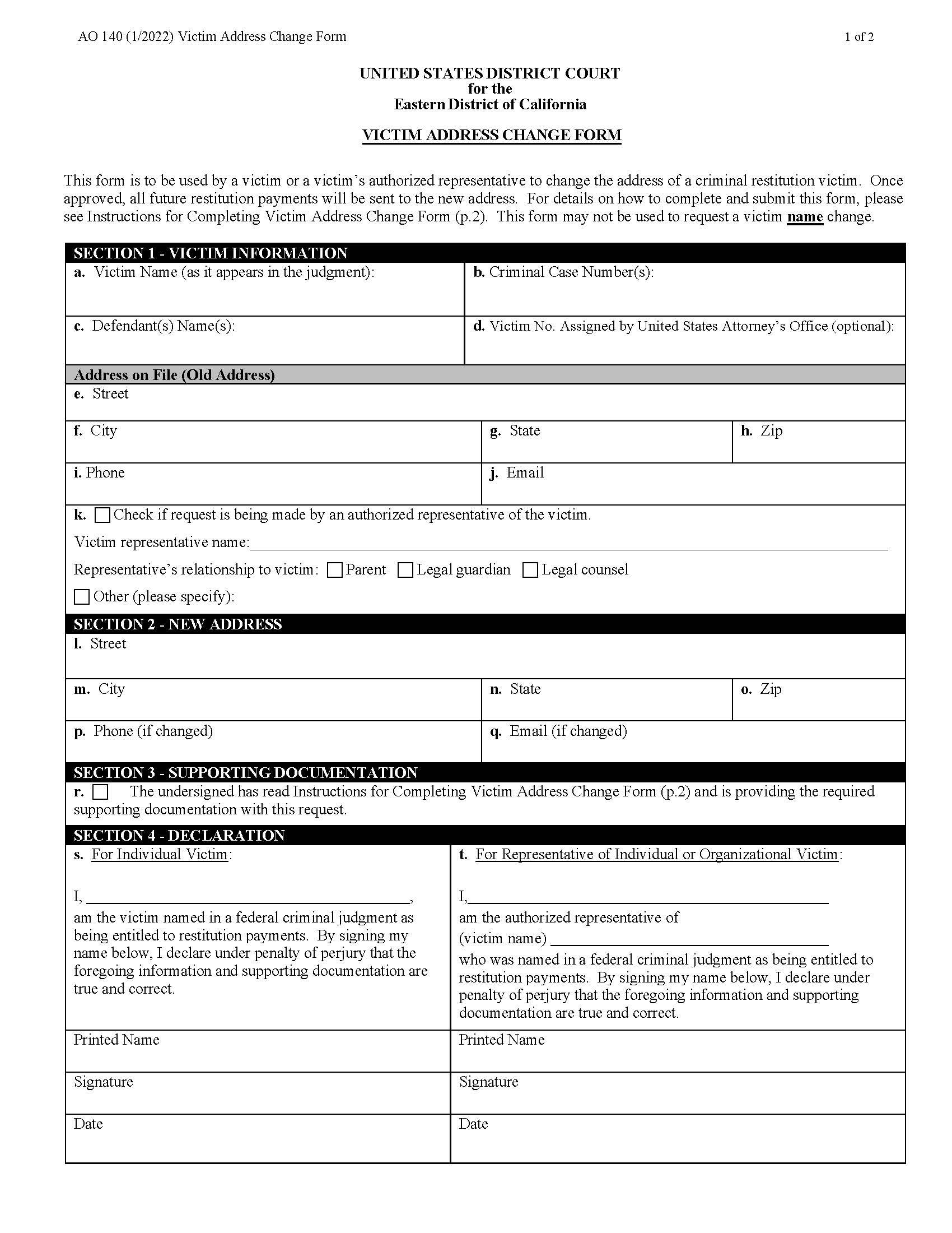 Victim Address Change Form (CA USDC Eastern) {AO 140} | Pdf Fpdf Docx | California