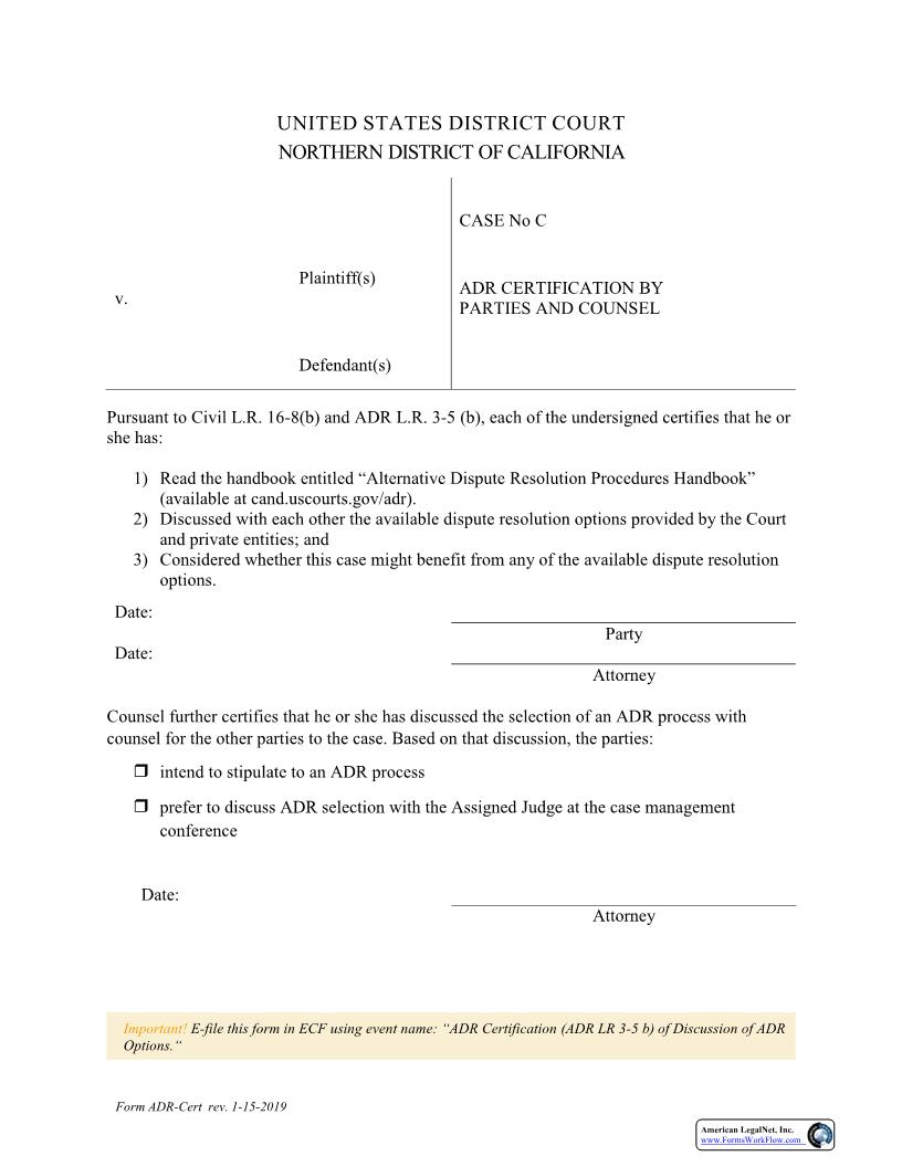 ADR Certification By Parties And Counsel {ADR Cert} | Pdf Fpdf Docx | California
