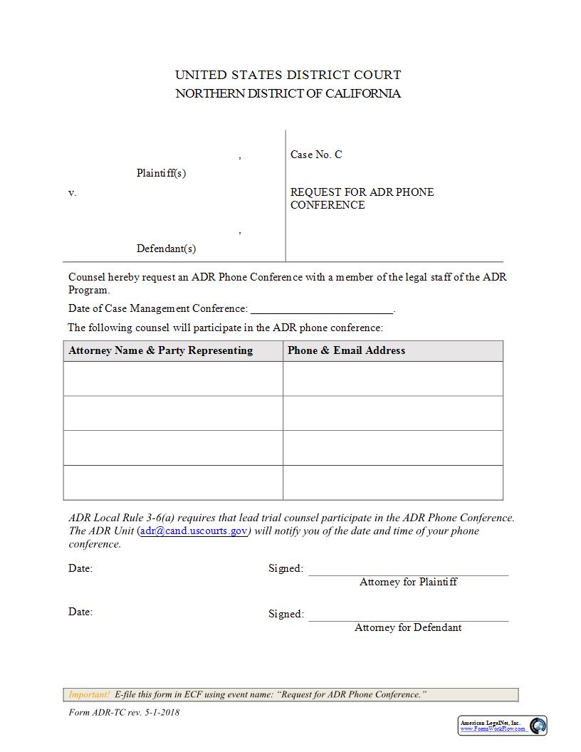 Request For ADR Telephone Conference {ADR-TC} | Pdf Fpdf Docx | California