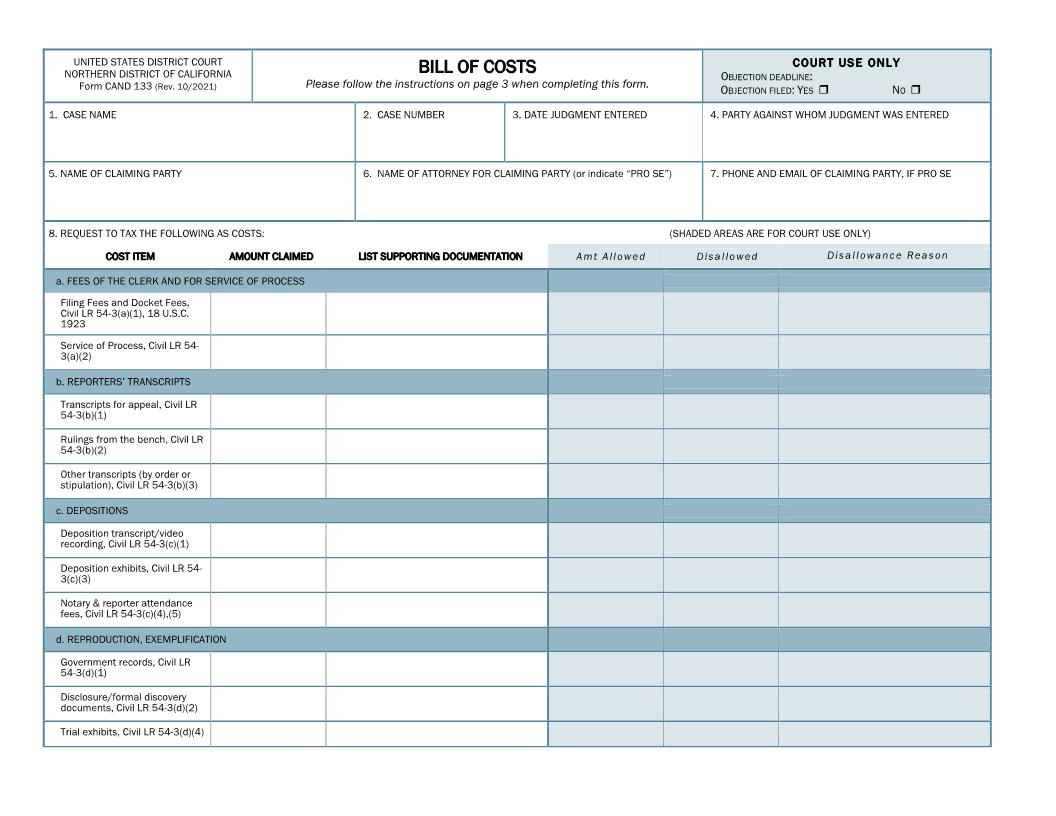 Bill Of Costs (Northern District Of California) {CAND 133} | Pdf Fpdf Doc Docx | California