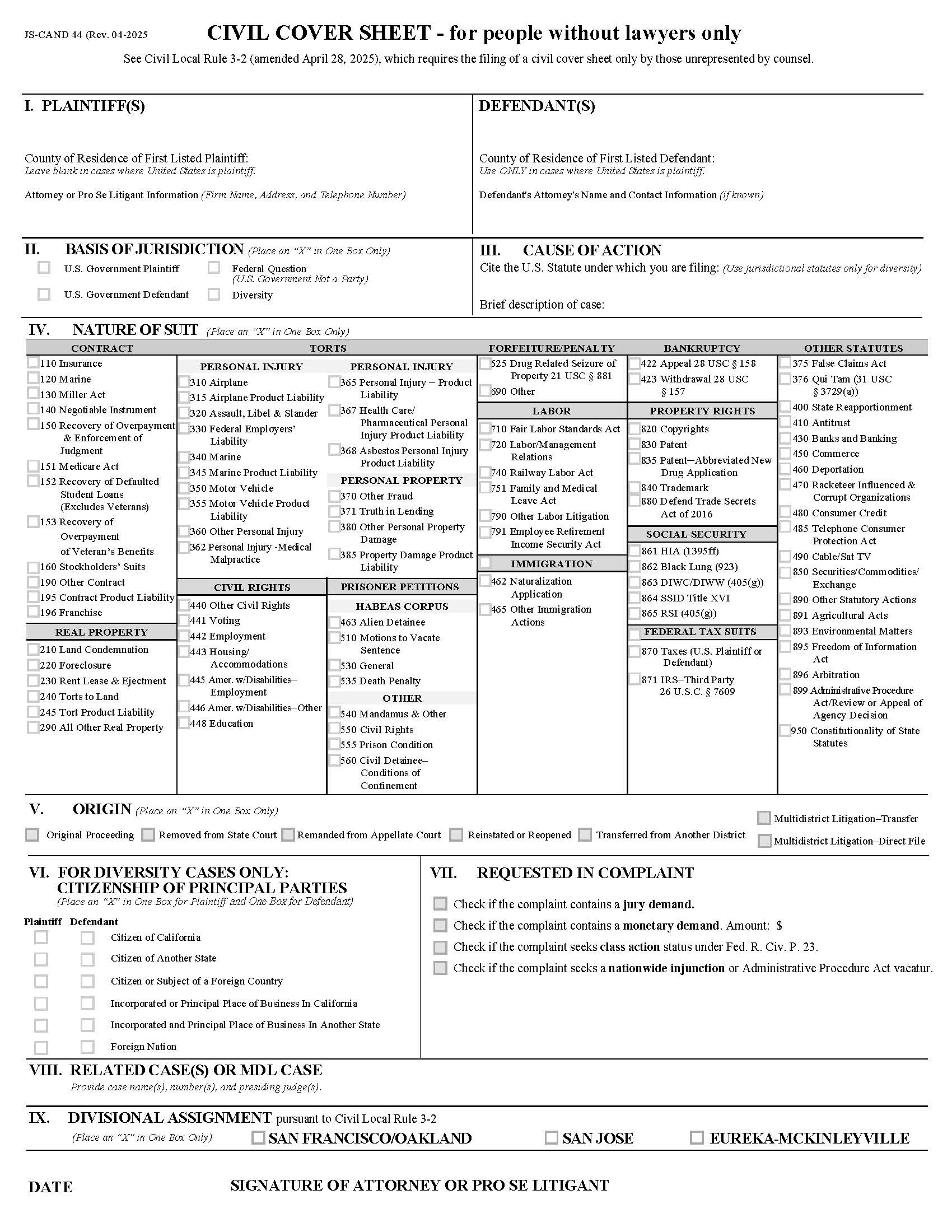 Civil Cover Sheet (CA Northern District) {JS-CAND 44} | Pdf Fpdf Docx | California