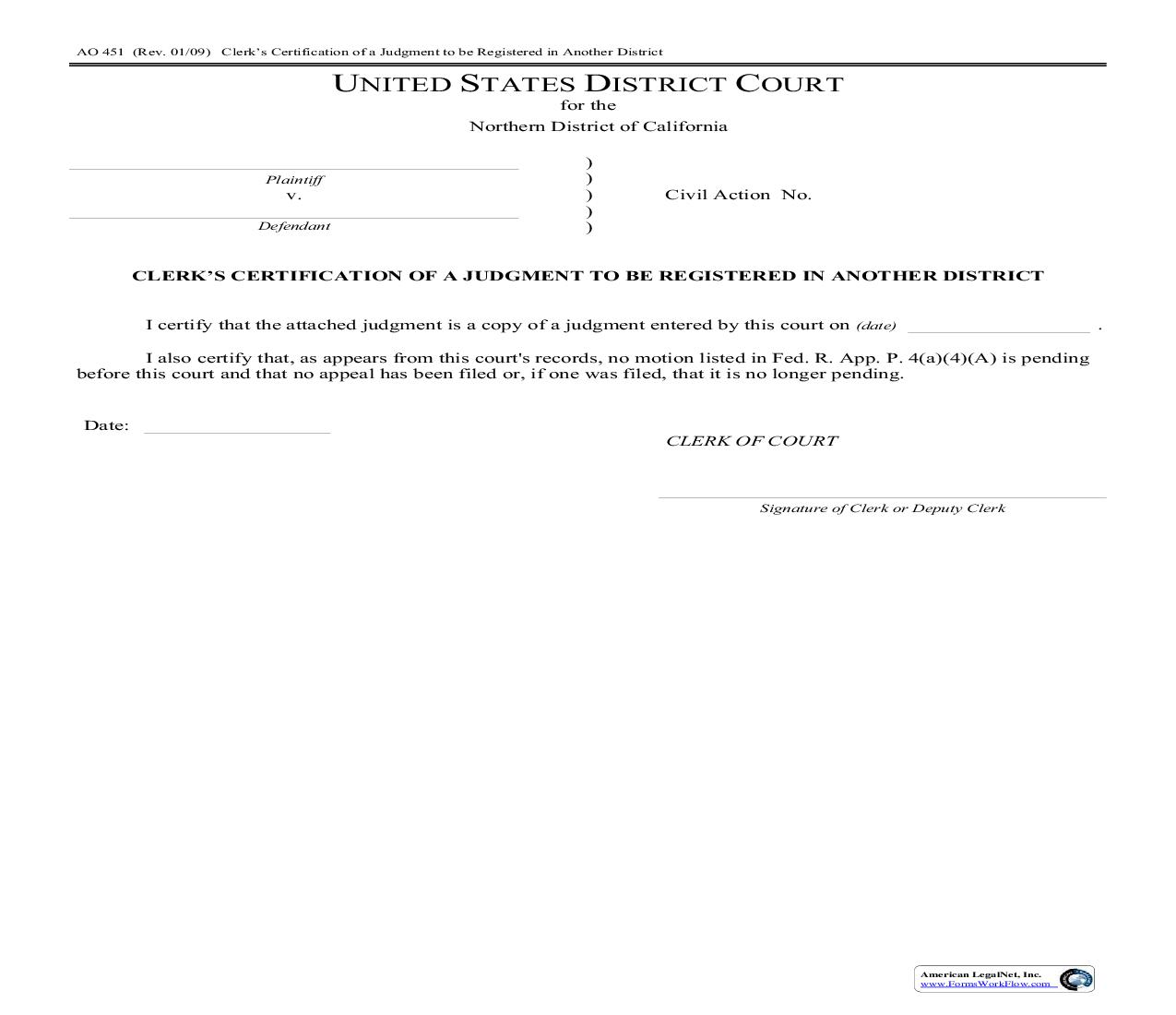Clerks Certification Of Judgment For Registration In Another District (Northern District) {AO 451} | Pdf Fpdf Doc Docx | California