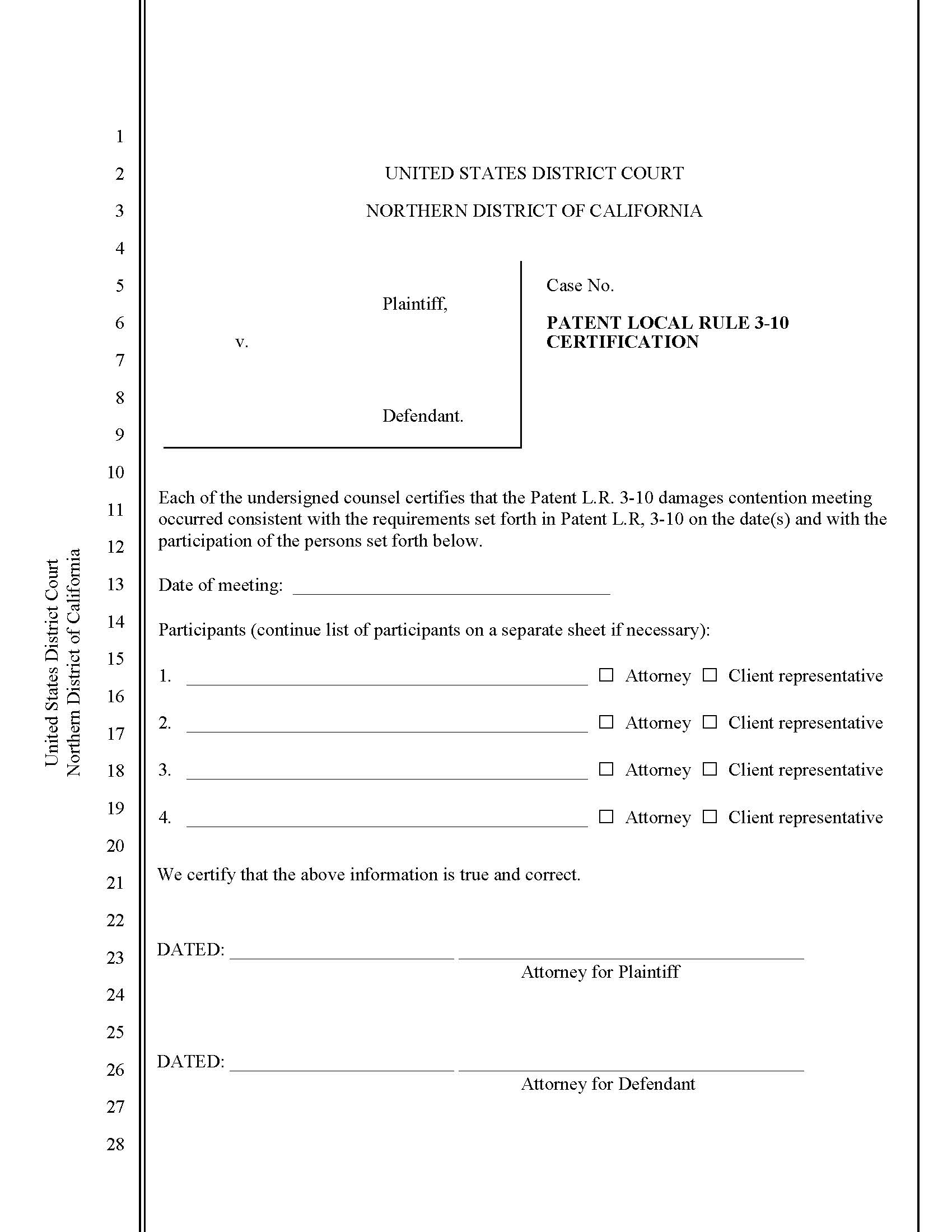 Damages Meeting Certification (Patent Local Rule 3-10) | Pdf Fpdf Docx | California