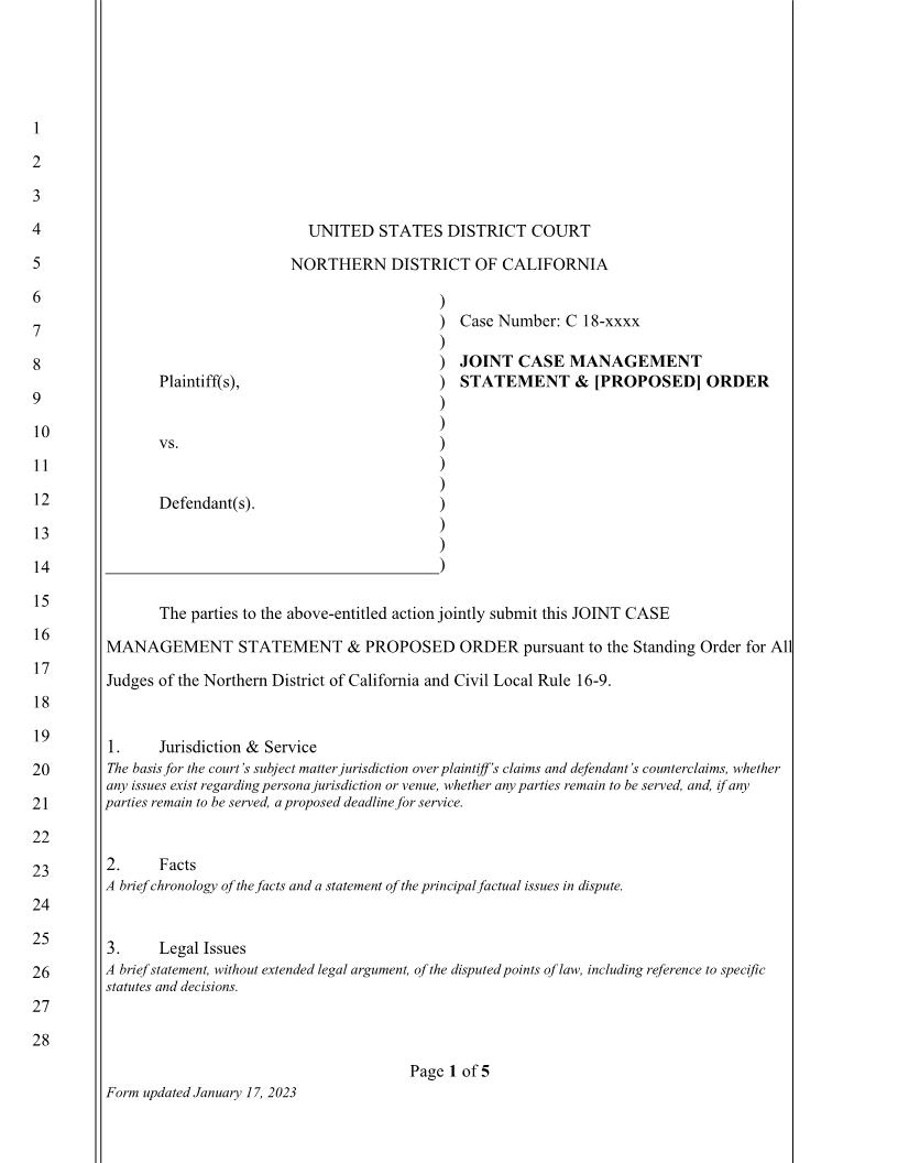 Joint Case Management Statement And (Proposed) Order | Pdf Fpdf Docx | California